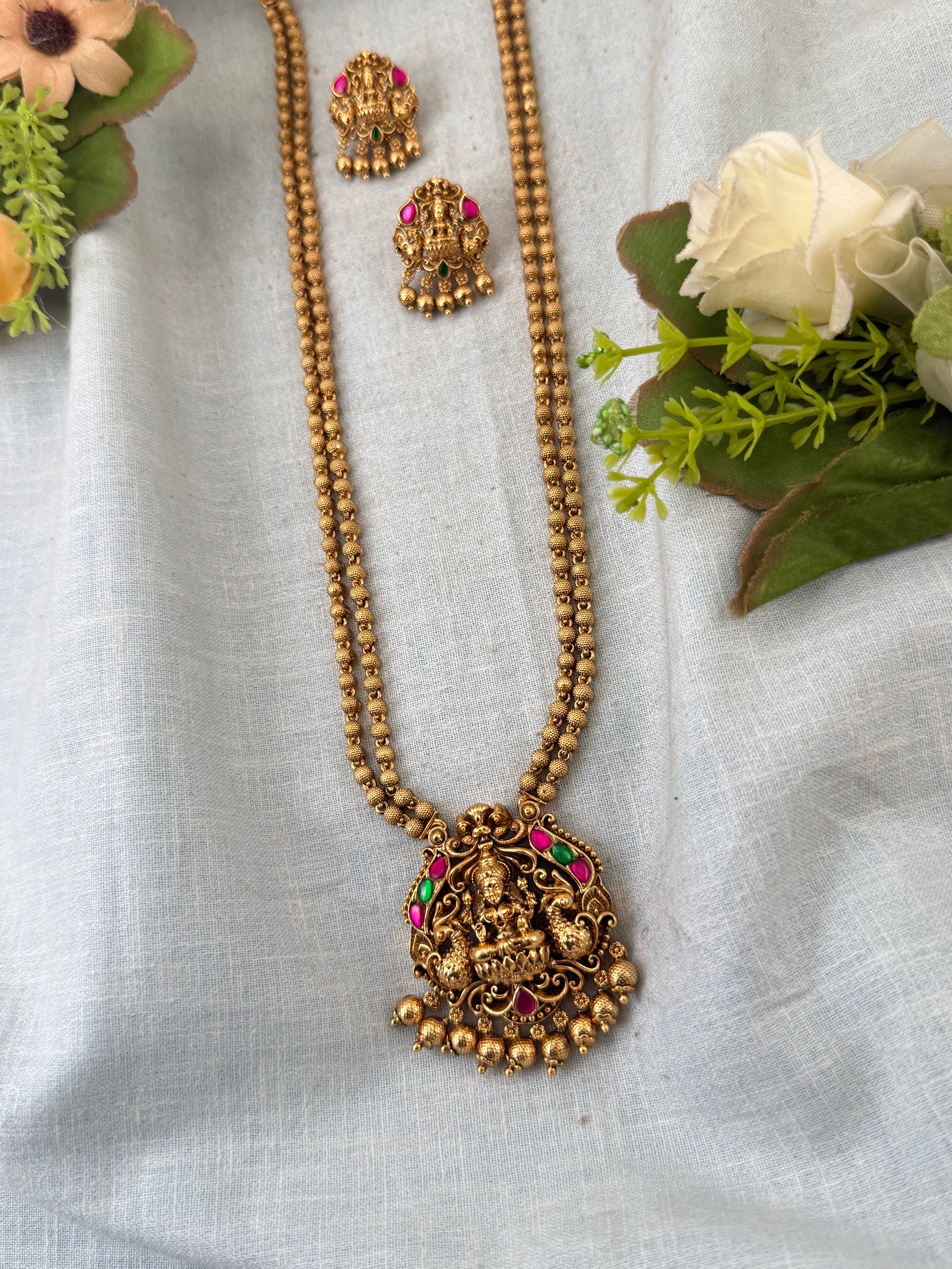 Royal Antique Lakshmi Pendant Long Necklace Set 1081