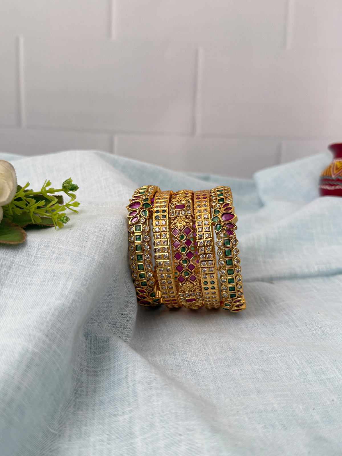 Royal Lotus & Gold Like Stone Bangle Set 0031