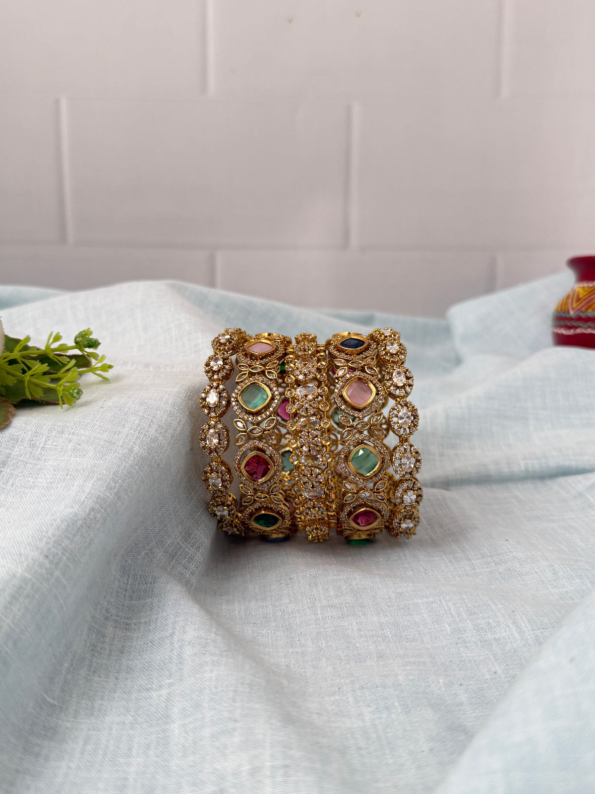 Luxurious MultiColor & White Stone Victorian Bridal Bangle Set 0033