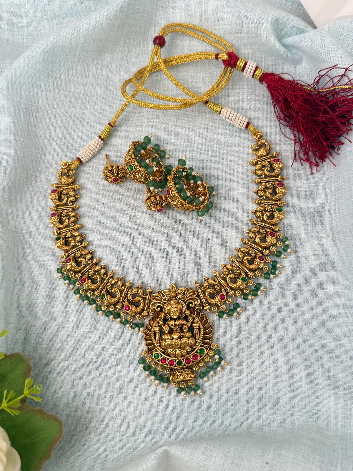 Antique Peacock Necklace Lakshmi Pendant Short Set | N0894