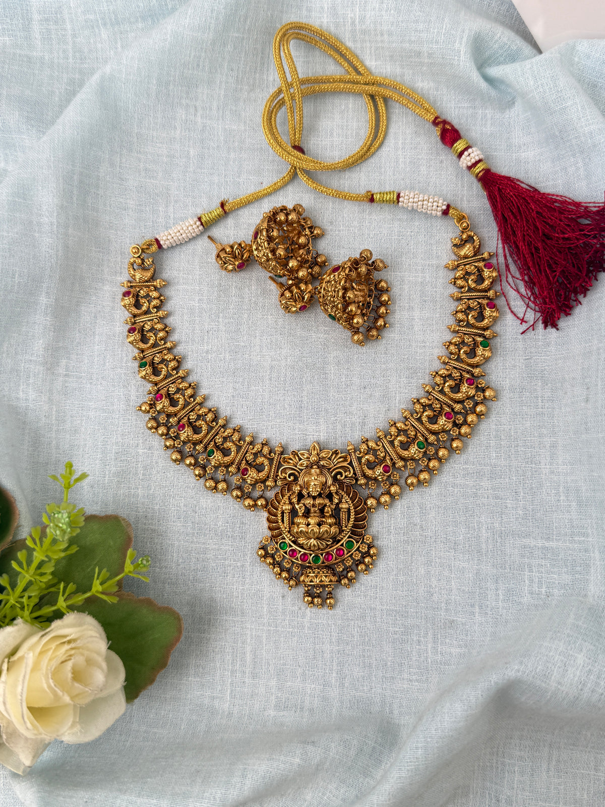 Antique Peacock Necklace Lakshmi Pendant Short Set | N0895
