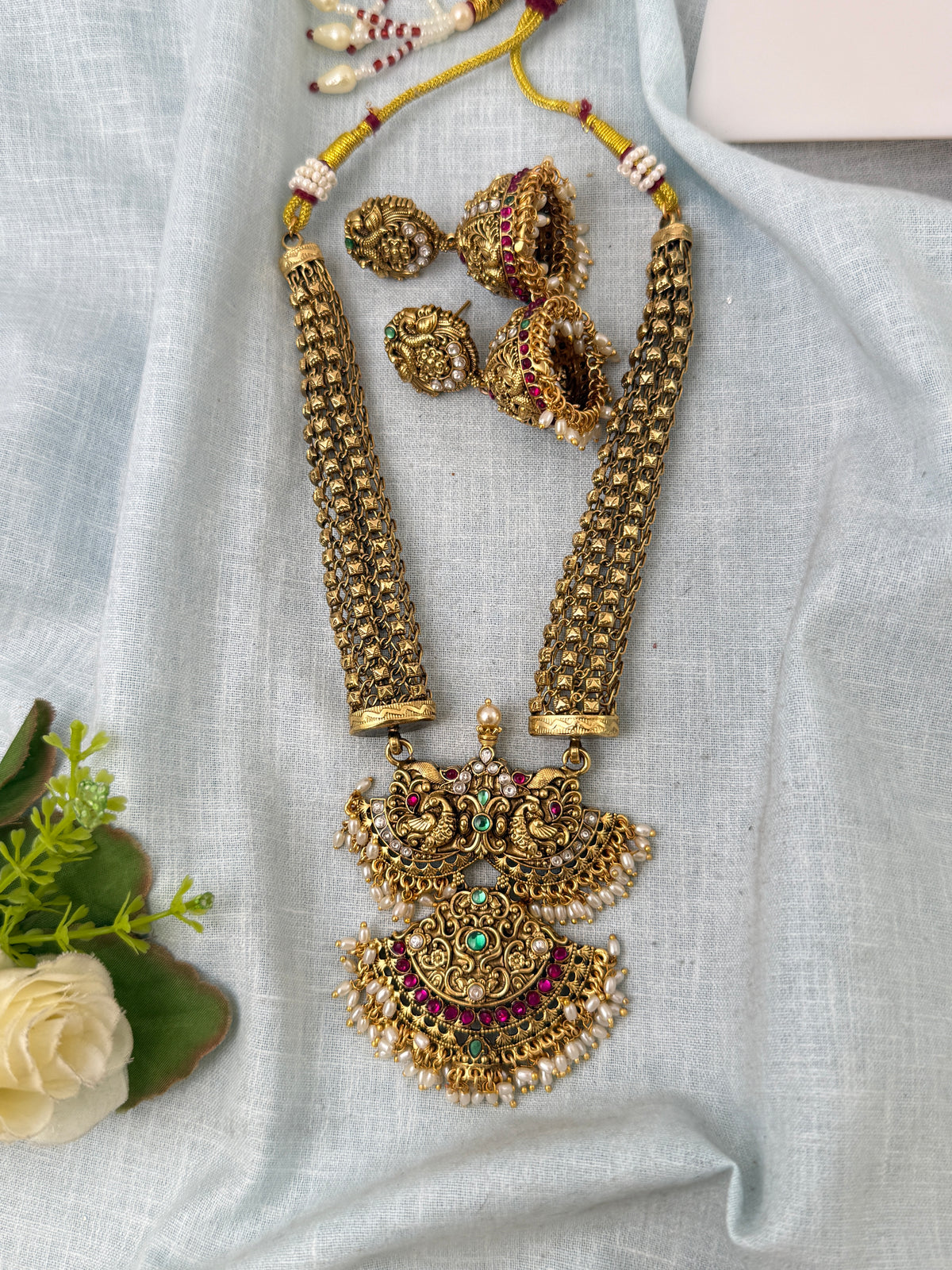 Antique Designer Necklace Premium Peacock Pendant Long Set | N1025