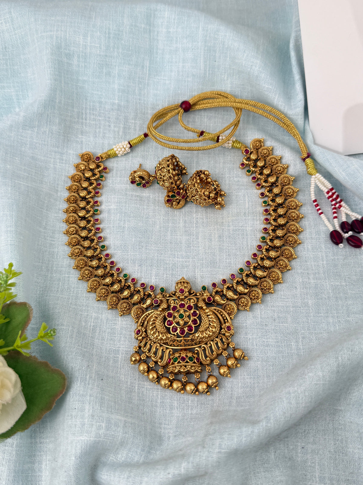Antique Grand Neacklace Kaasu With Peacock Premium Short Set | N1120