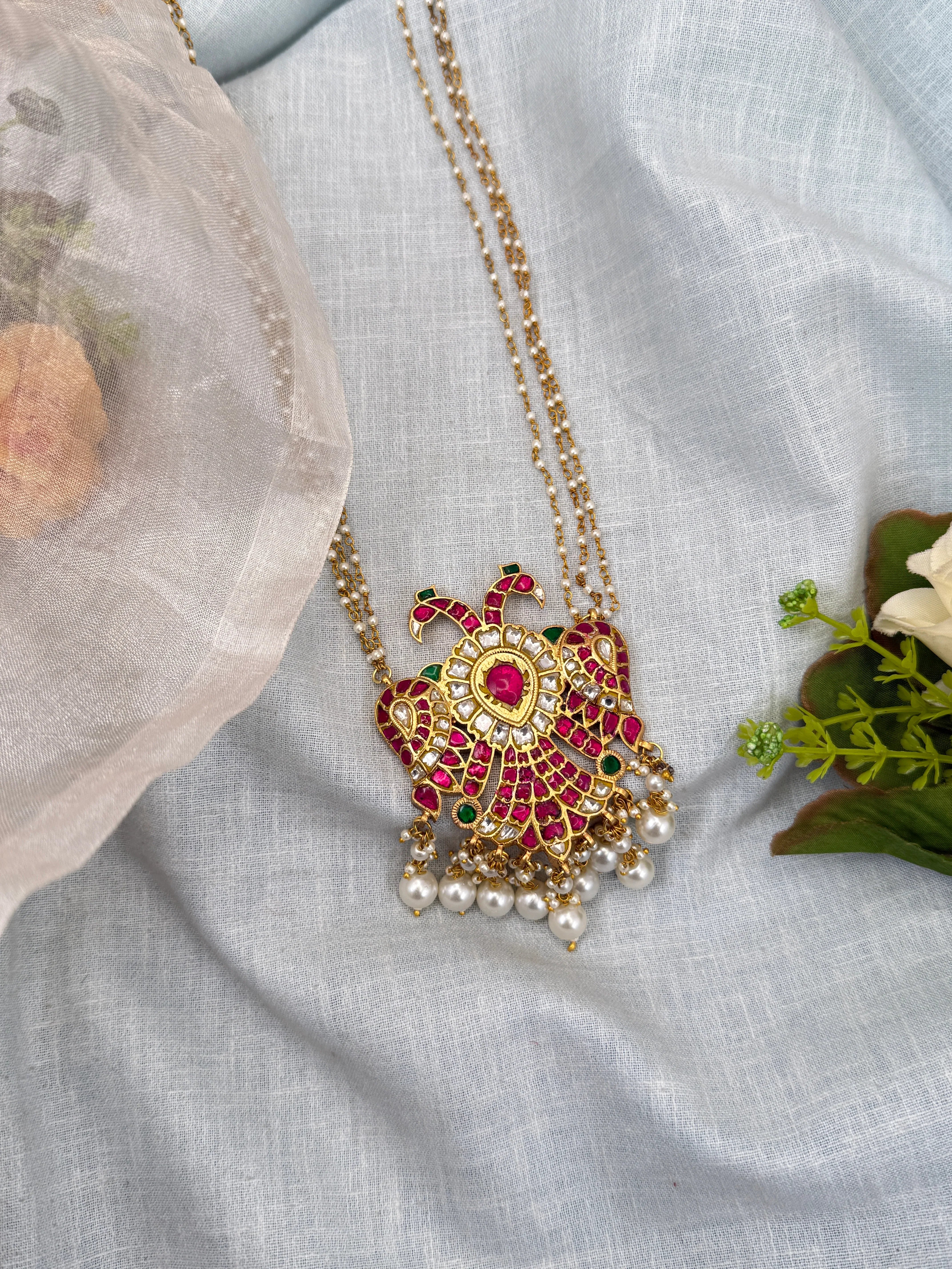 Luxurious Jadau Kundan Gandaberunda Pendant with 3 Layer Pearl Chain 610