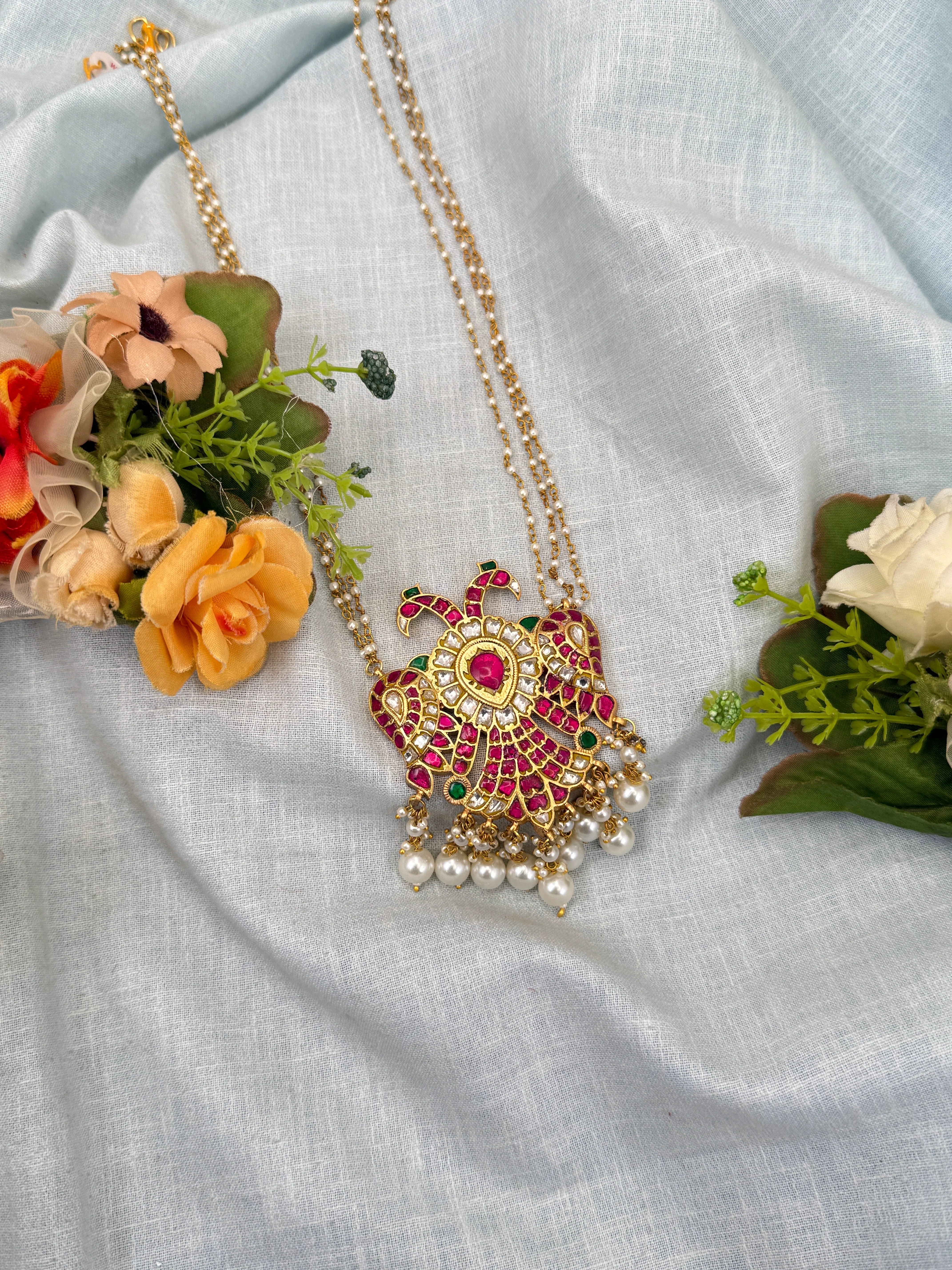 Luxurious Jadau Kundan Gandaberunda Pendant with 3 Layer Pearl Chain 610