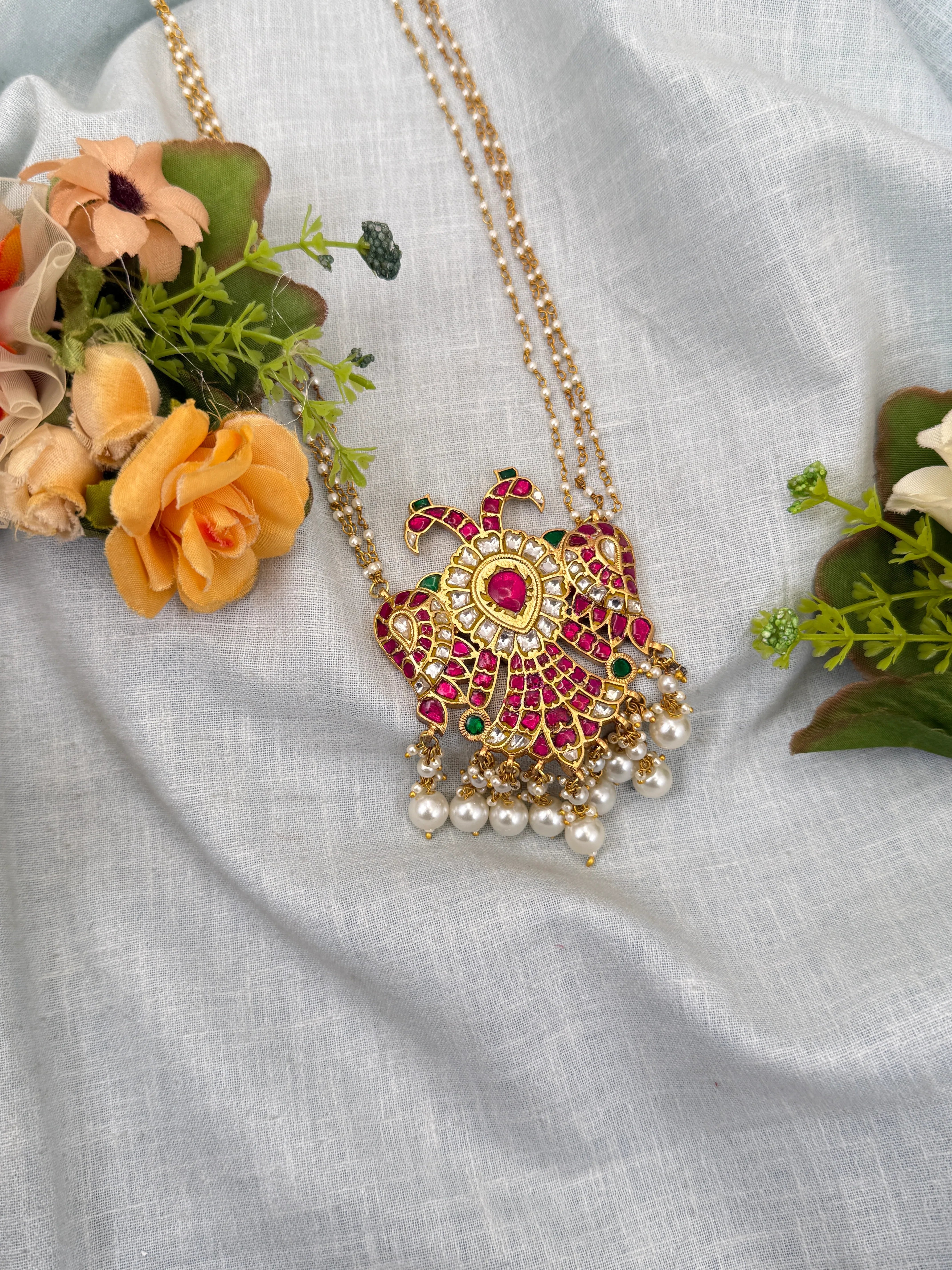 Luxurious Jadau Kundan Gandaberunda Pendant with 3 Layer Pearl Chain 610