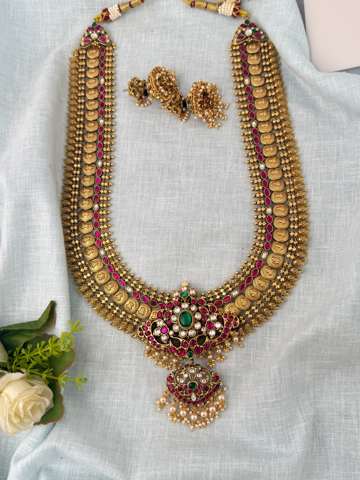 Maharani Grand Changable Pendant Antique Kaasu Necklace Long Set | N1022