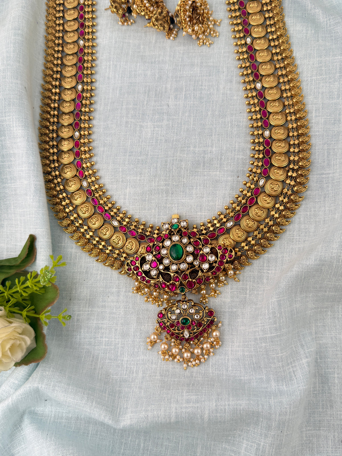 Maharani Grand Changable Pendant Antique Kaasu Necklace Long Set | N1022