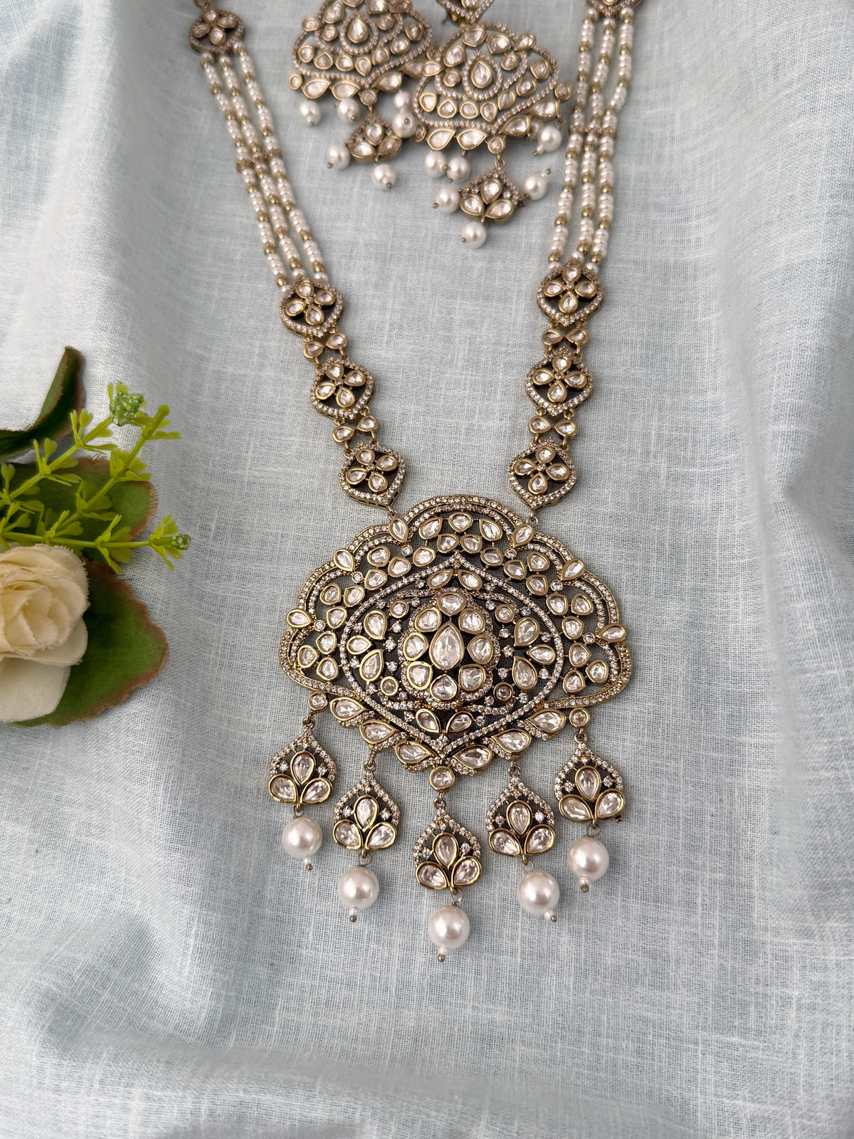 Kundan Layered Pearl Necklace Luxurious Long Set | N1131