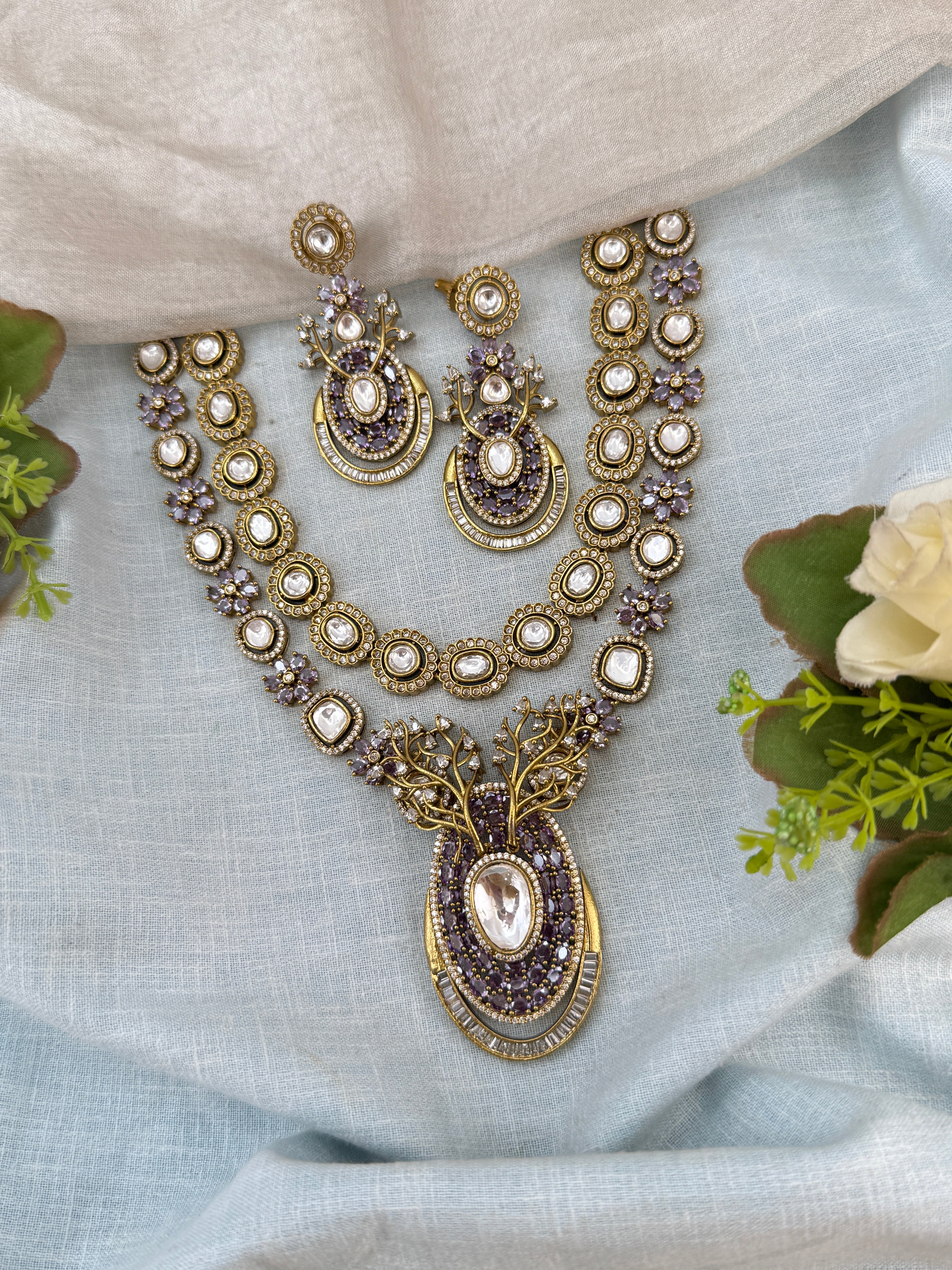 Luxurious Victorian Kundan Layered Pendant Necklace Set 740