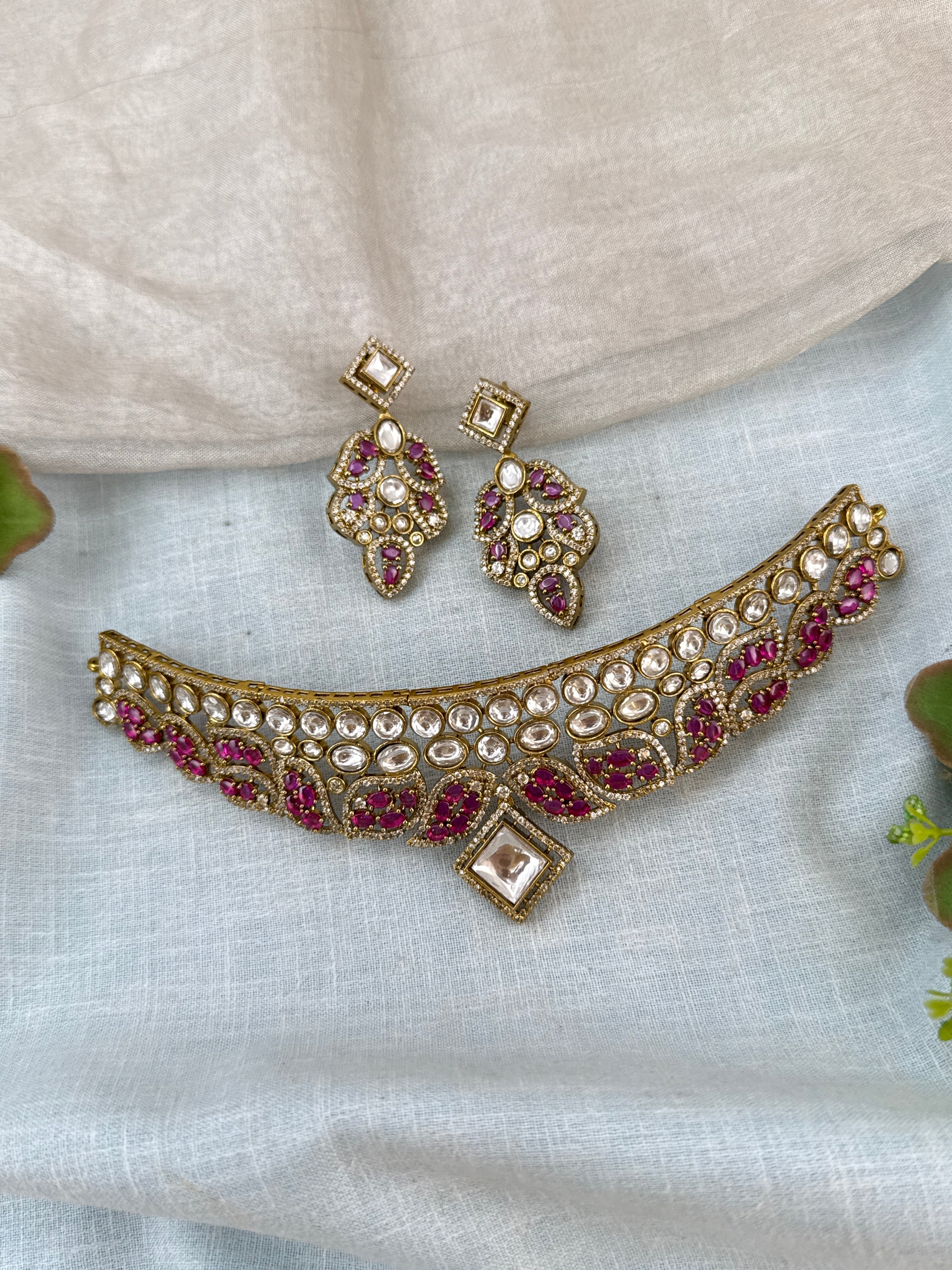 Luxurious Victorian Kundan Choker Necklace Set 756
