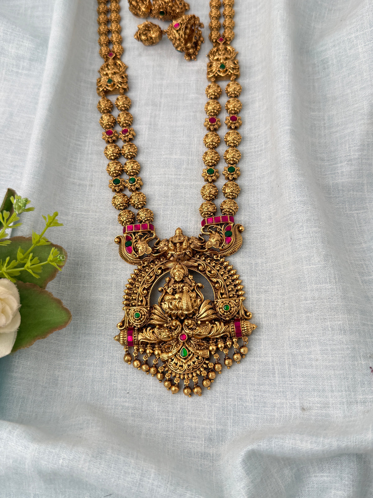 Antique Beads Layered Necklace Grand Lakshmi Pendant Luxurious Long Set| N1193