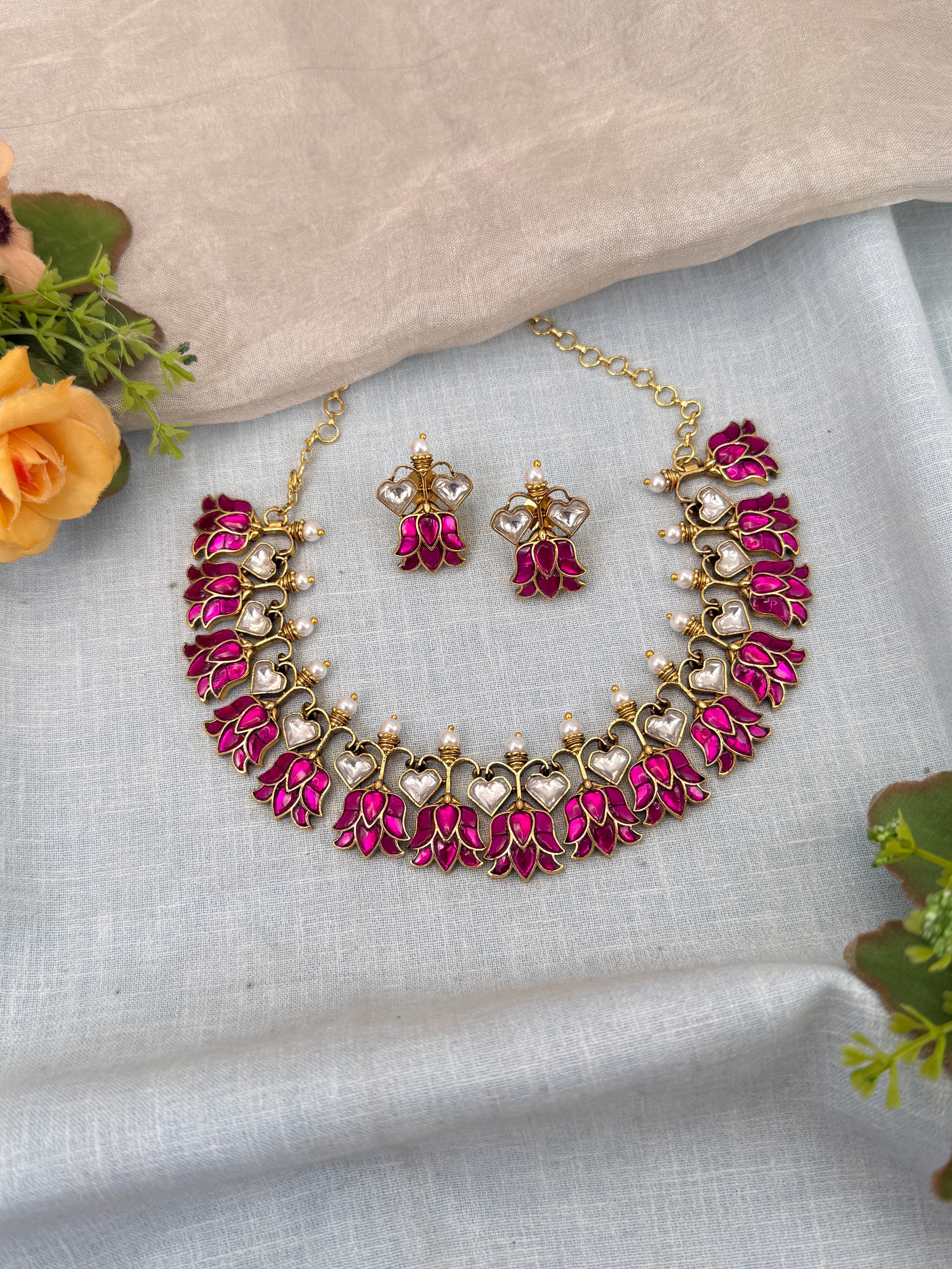Jadau Lotus necklace set, premium jadau kundan necklace set, bridal necklace online