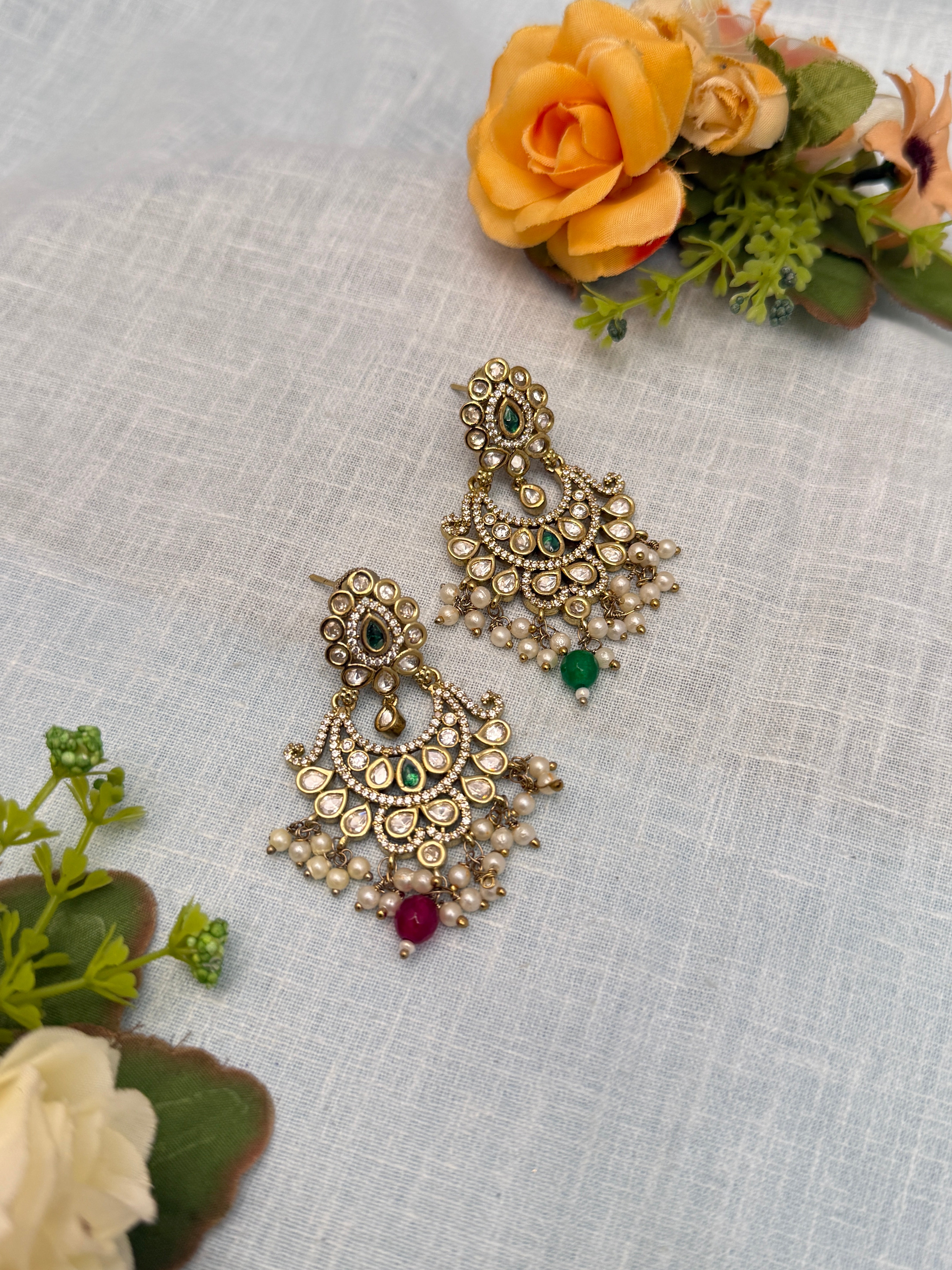 Antique Earrings, Bridal antique Kundan earrings, Antique kundan Jhumka