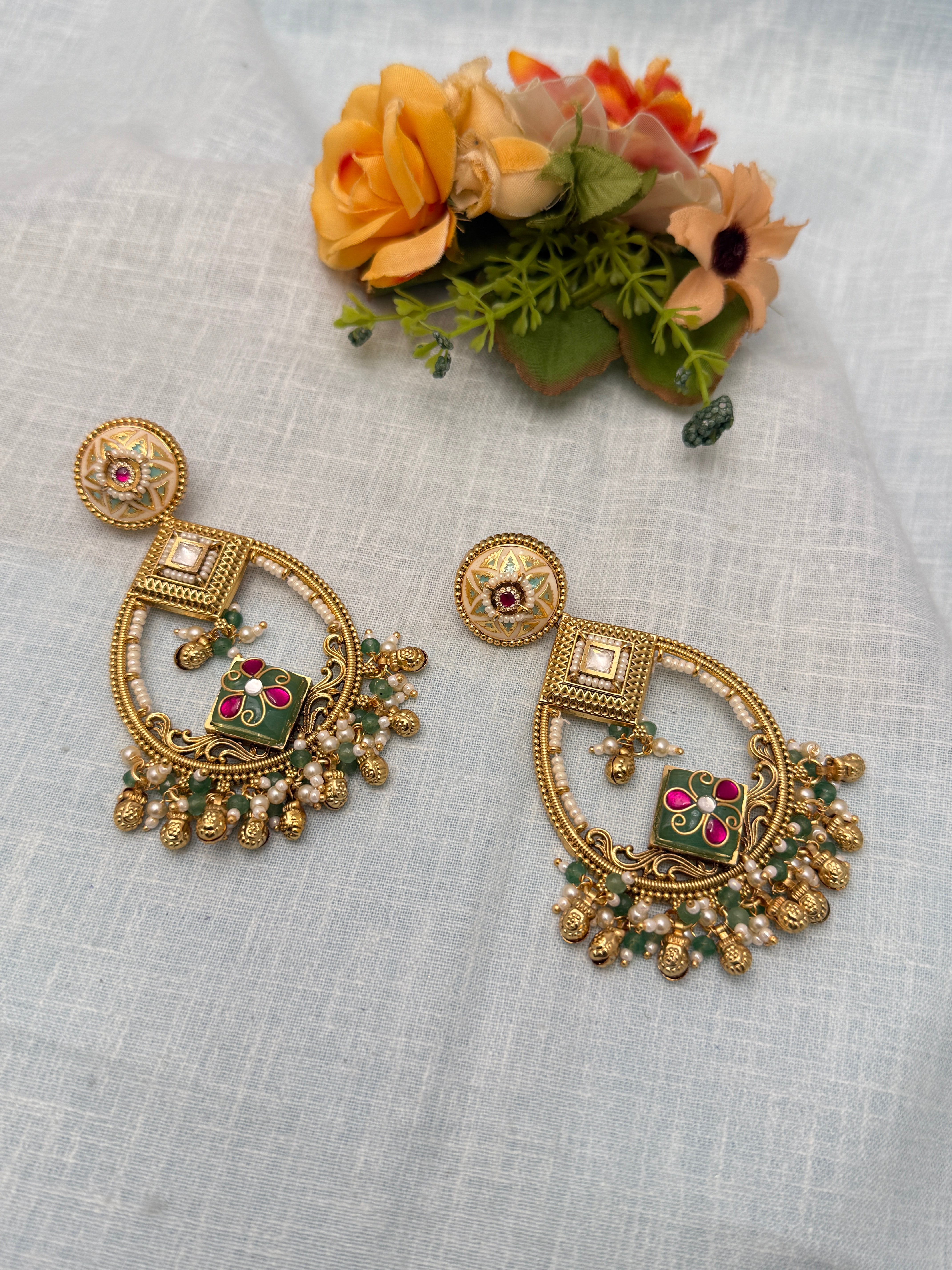 Antique Earrings, Bridal antique Kundan earrings, Antique kundan Jhumka