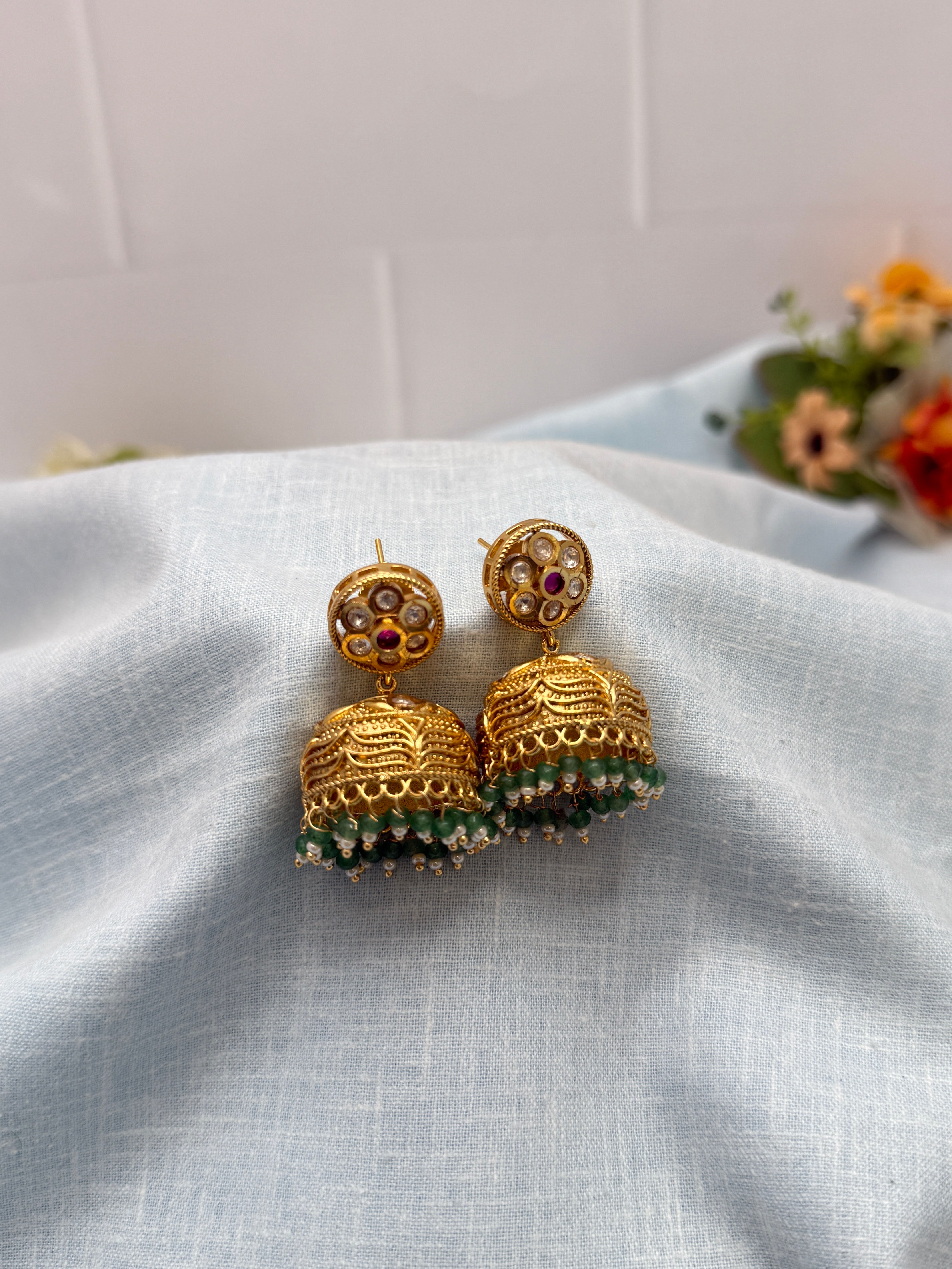 Antique Earrings, Bridal antique Kundan earrings, Antique kundan Jhumka
