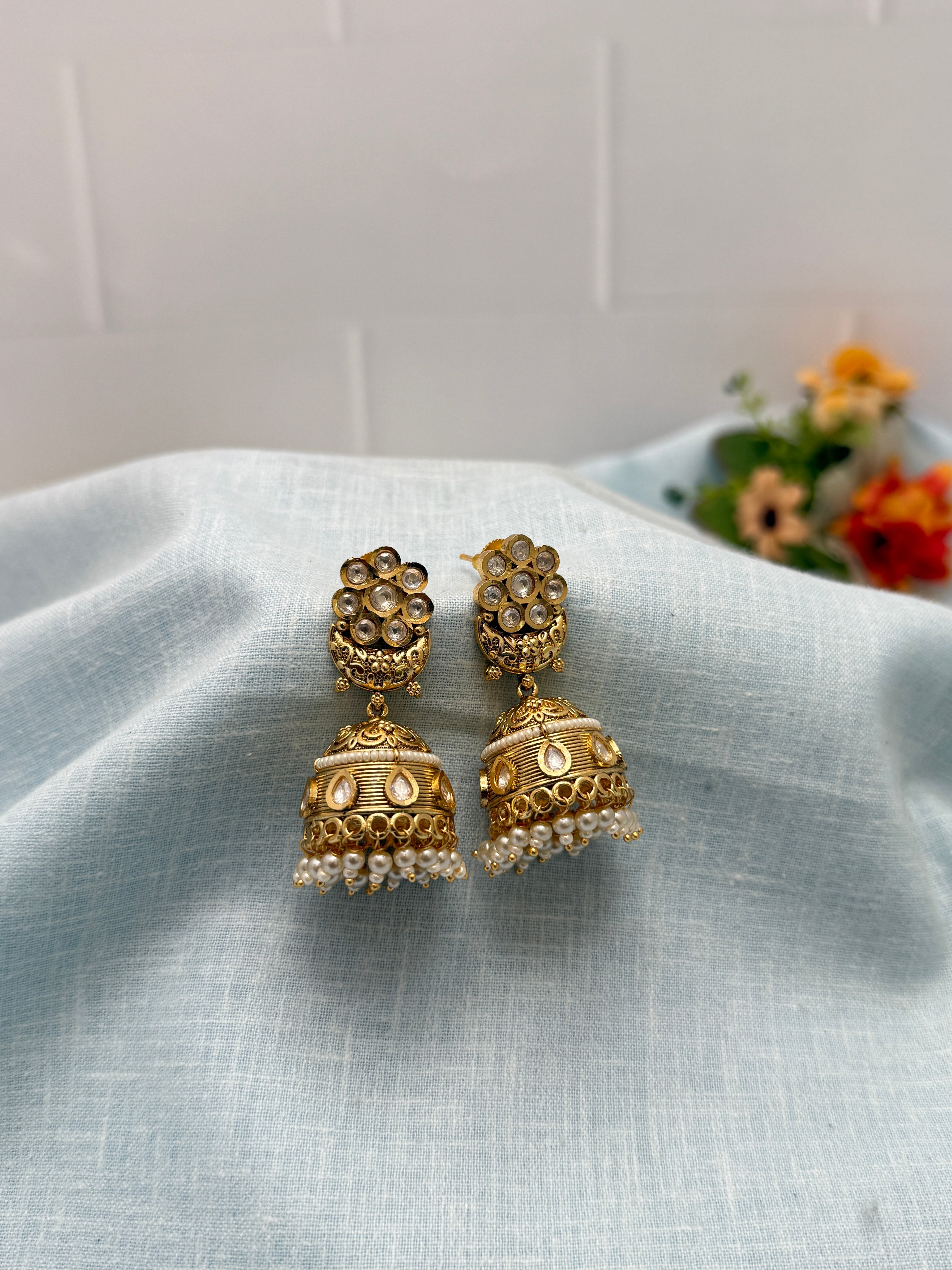 Antique Earrings, Bridal antique Kundan earrings, Antique kundan Jhumka