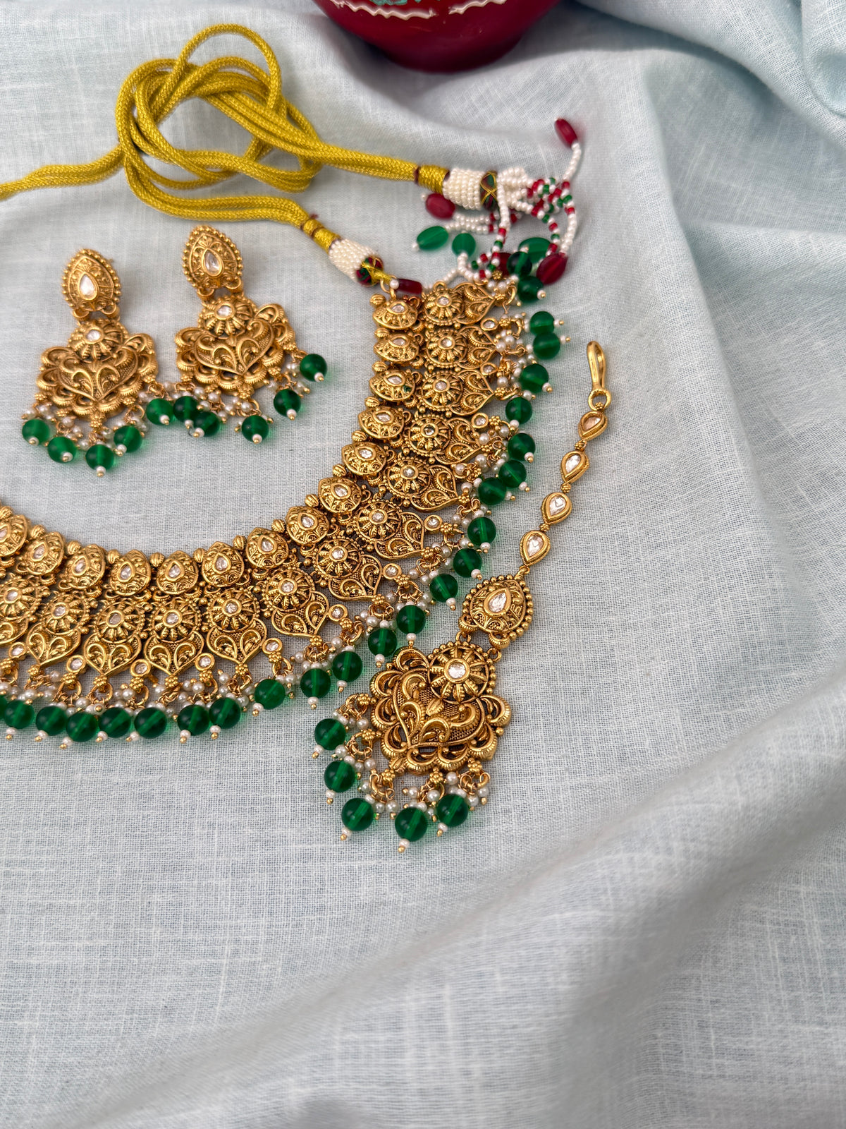 Antique Kundan Grand Necklace With Maang Tikka Short Set | N1283