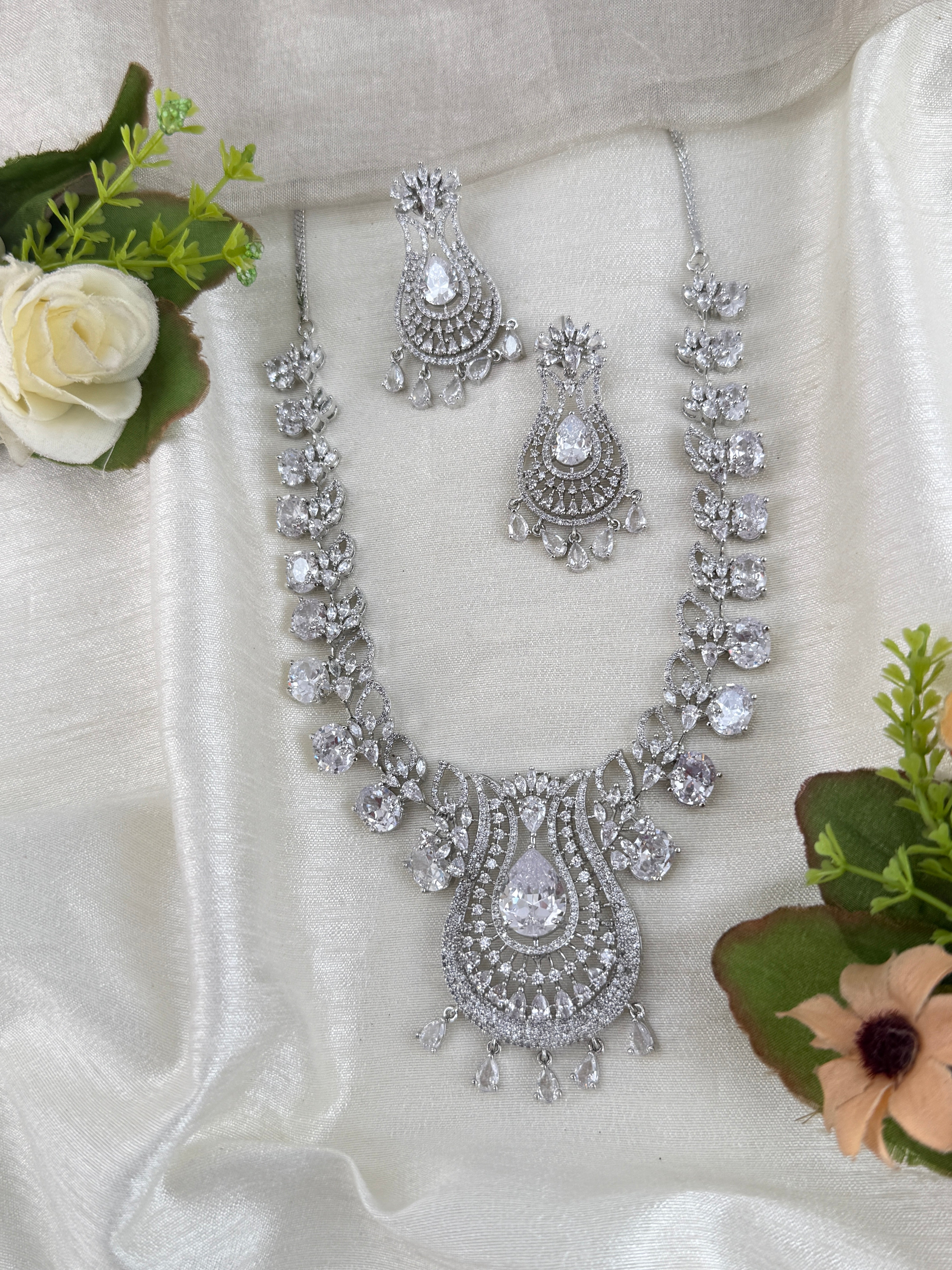 Zircon Stone Mid-Long Pendant Necklace Set | 038