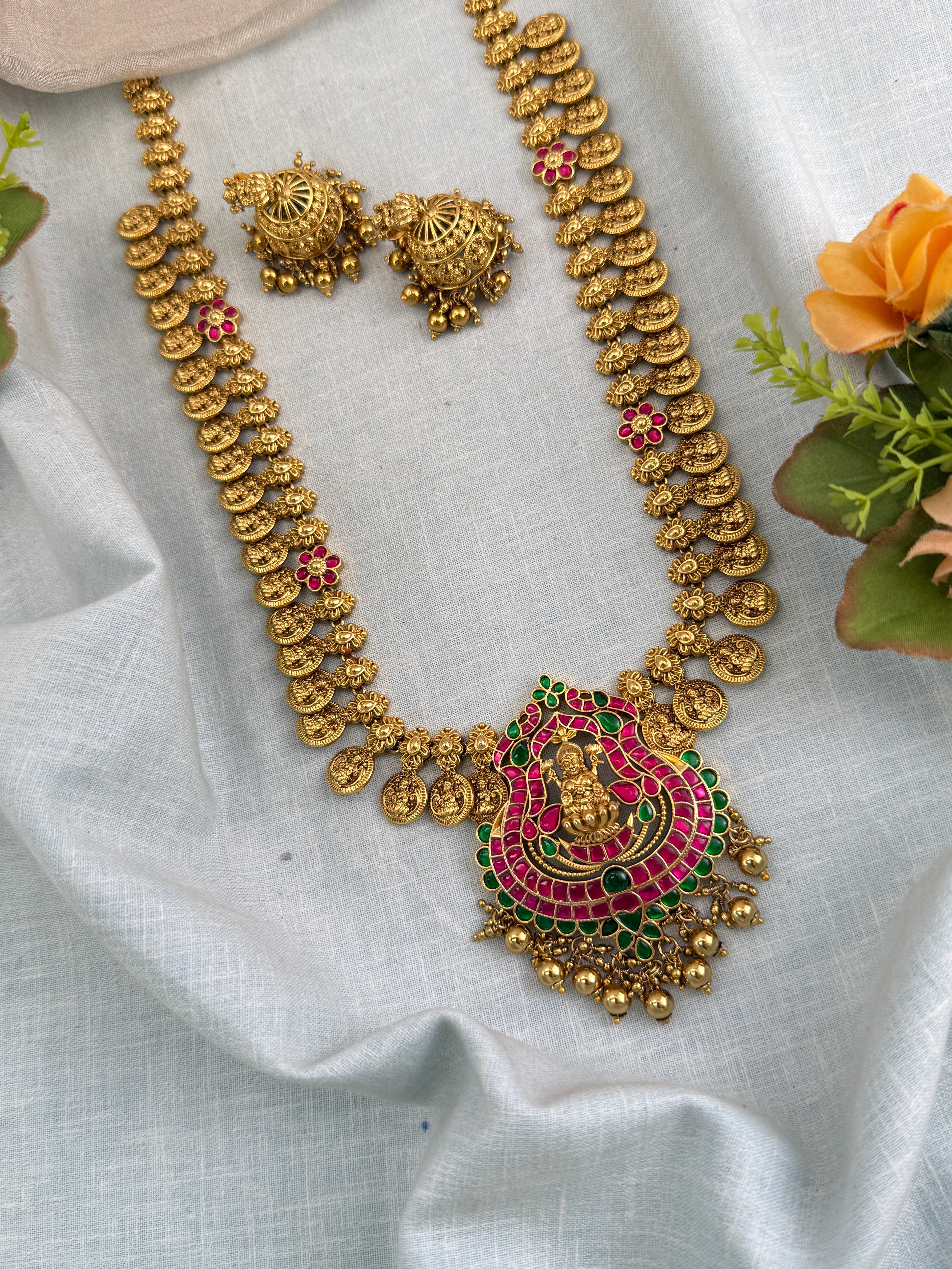 Antique Jadau Kundan Mango Long Pendant Necklace Set | 0131