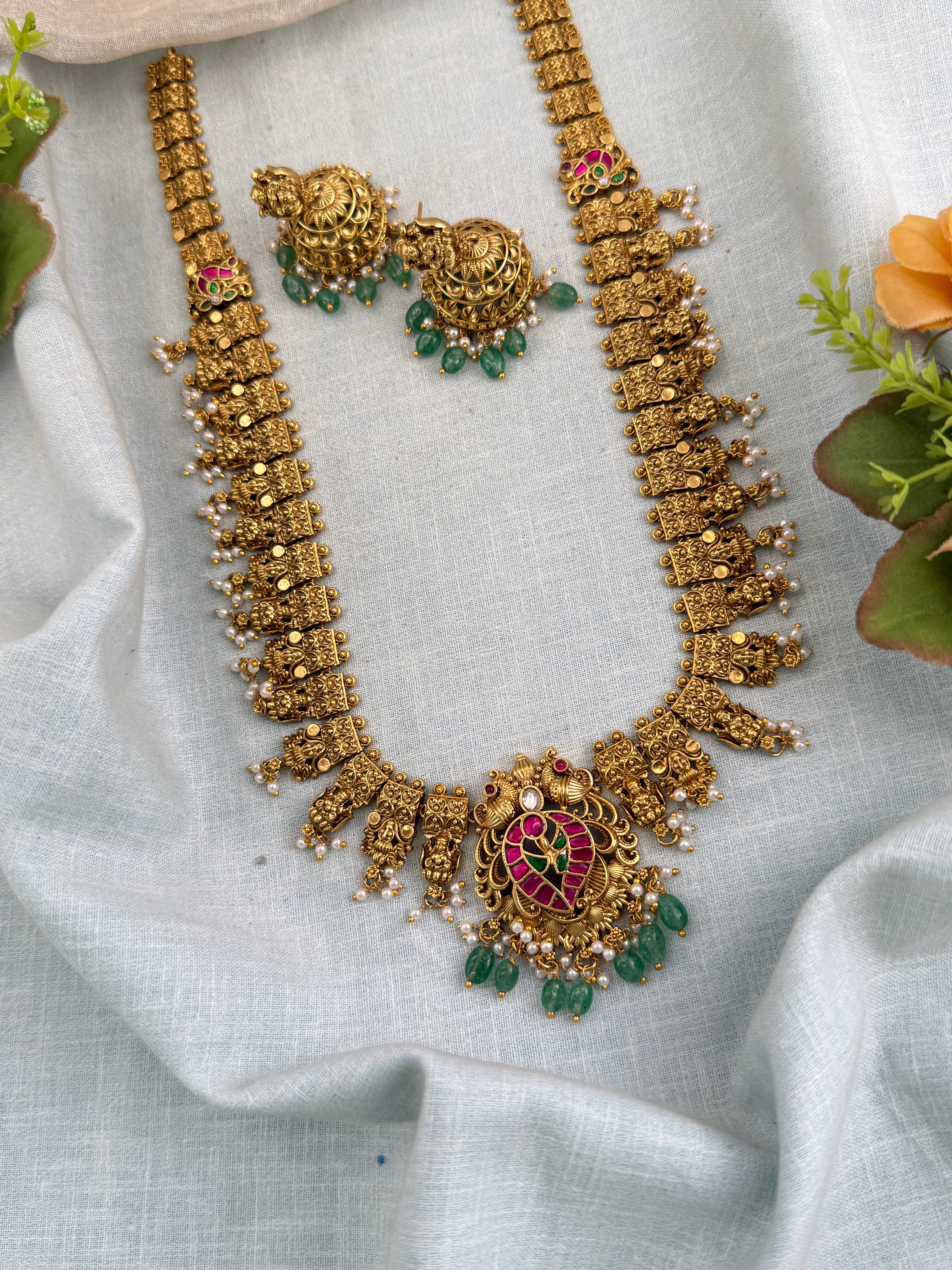 Antique Jadau Kundan Mango Long Pendant Necklace Set | 0132