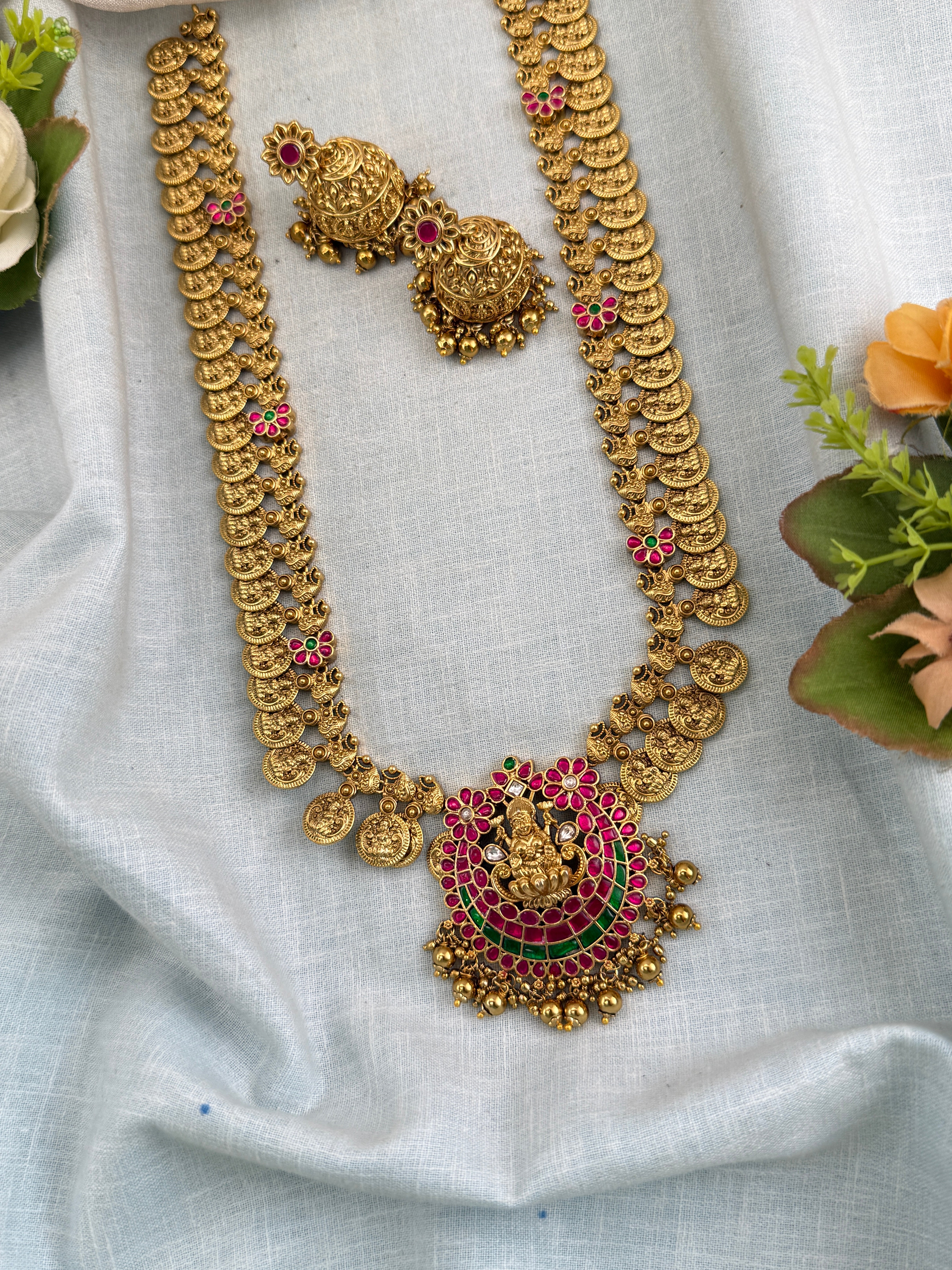 Antique Jadau Kundan Mango Long Pendant Necklace Set | 0135