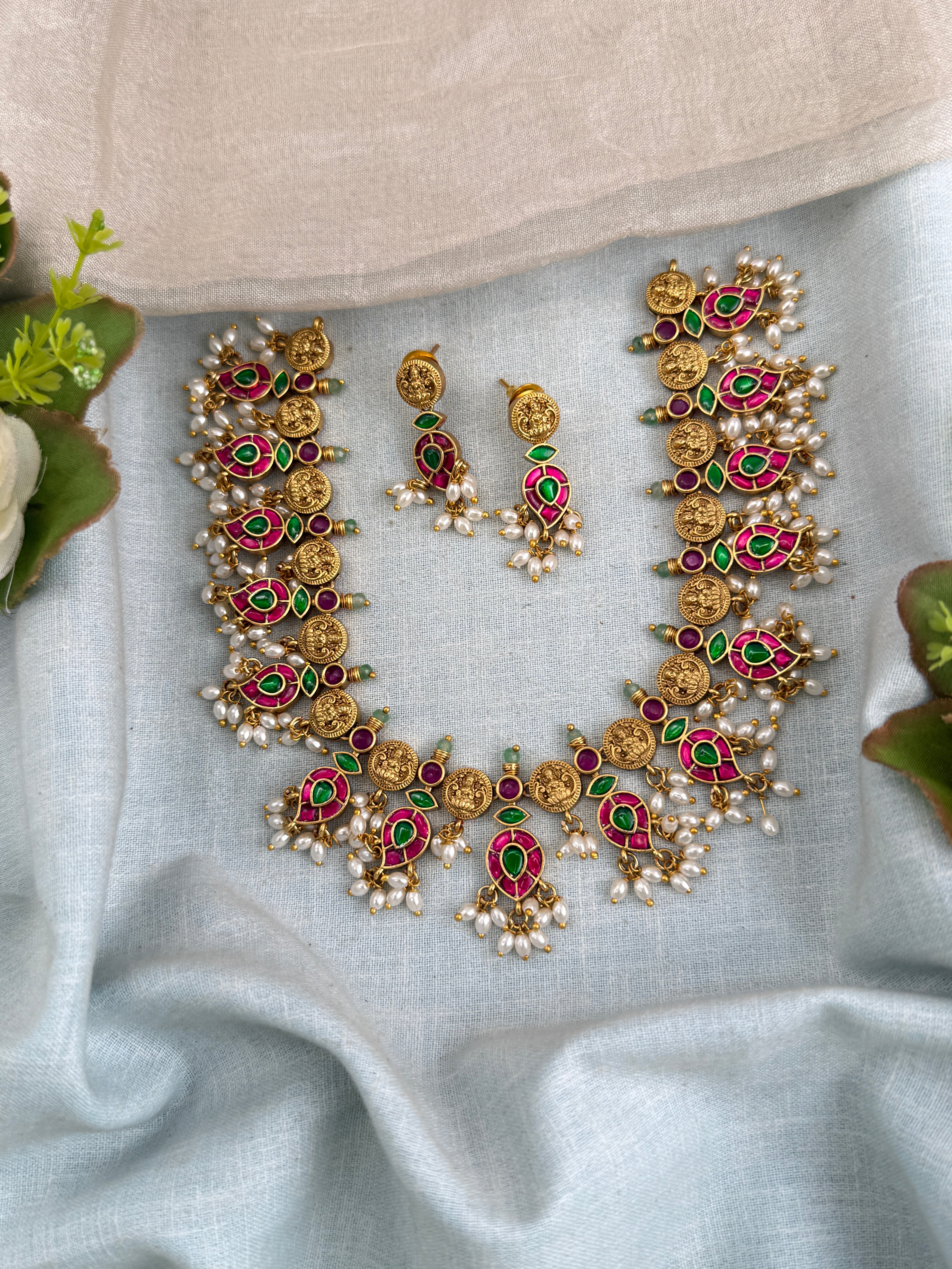Antique Jadau Kundan Mango Long Pendant Necklace Set | 0137