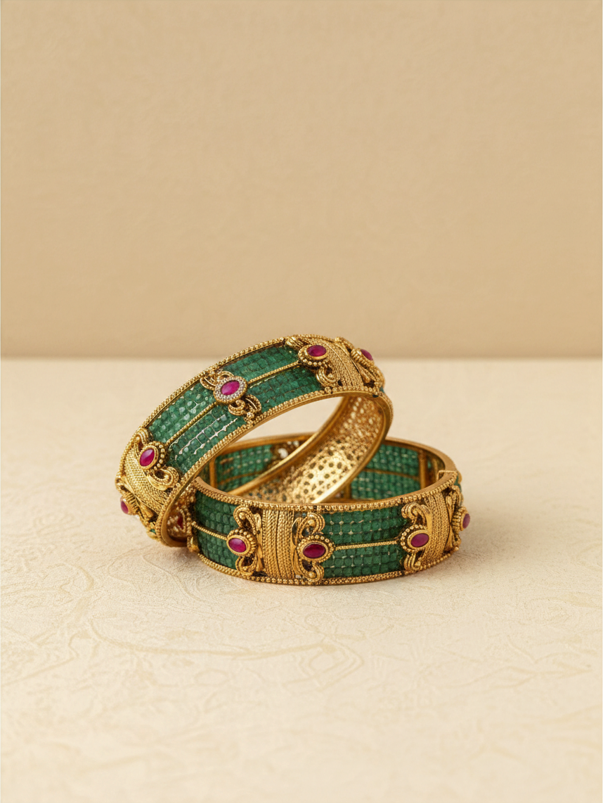 Luxurious Green Beads Kada Antique Bangles | Open Style | BBG2