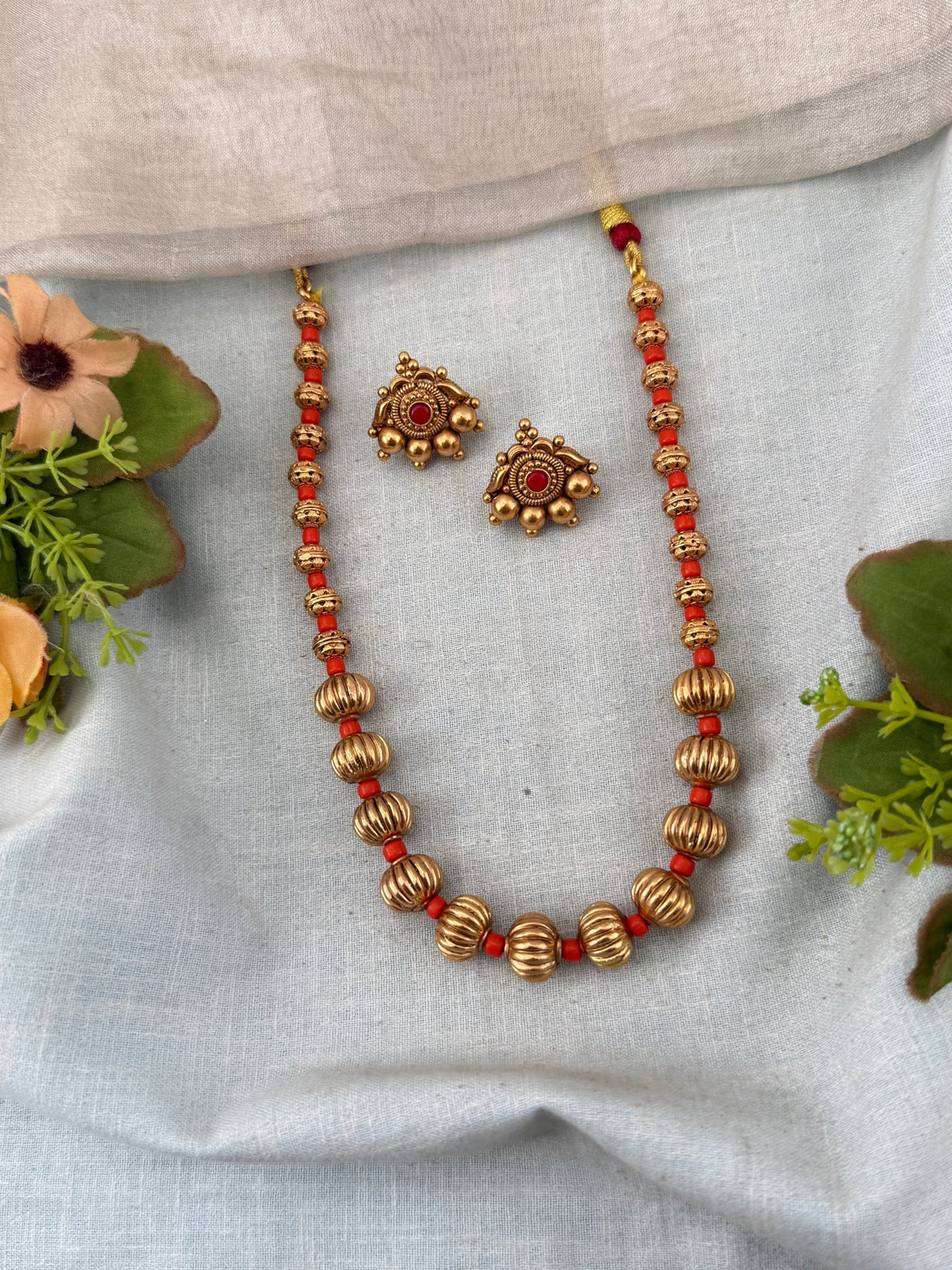 Antique Beads Mid Long Necklace Set | N0186 - Mahilas