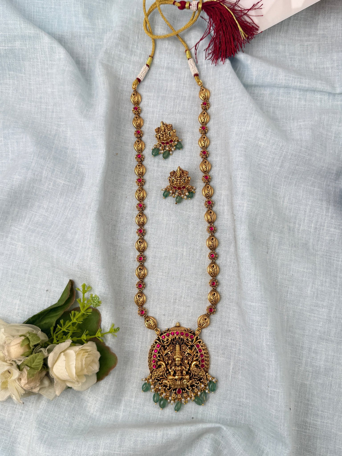 Antique Designer Necklace Lakshmi Pendant Long Set | N1073 - Mahilas