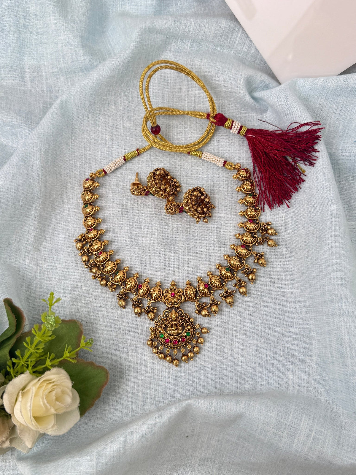 Antique Designer Necklace Lakshmi Pendant Short Set | N1070 - Mahilas