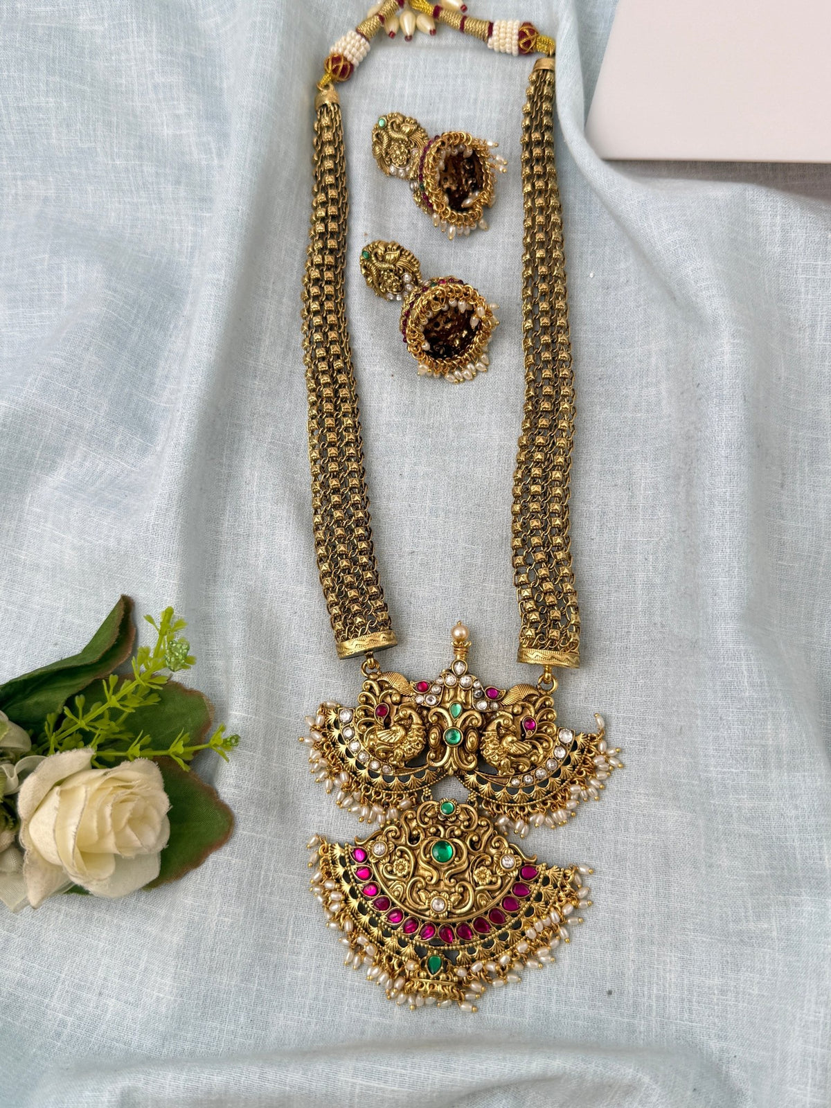 Antique Designer Necklace Premium Peacock Pendant Long Set | N1026 - Mahilas