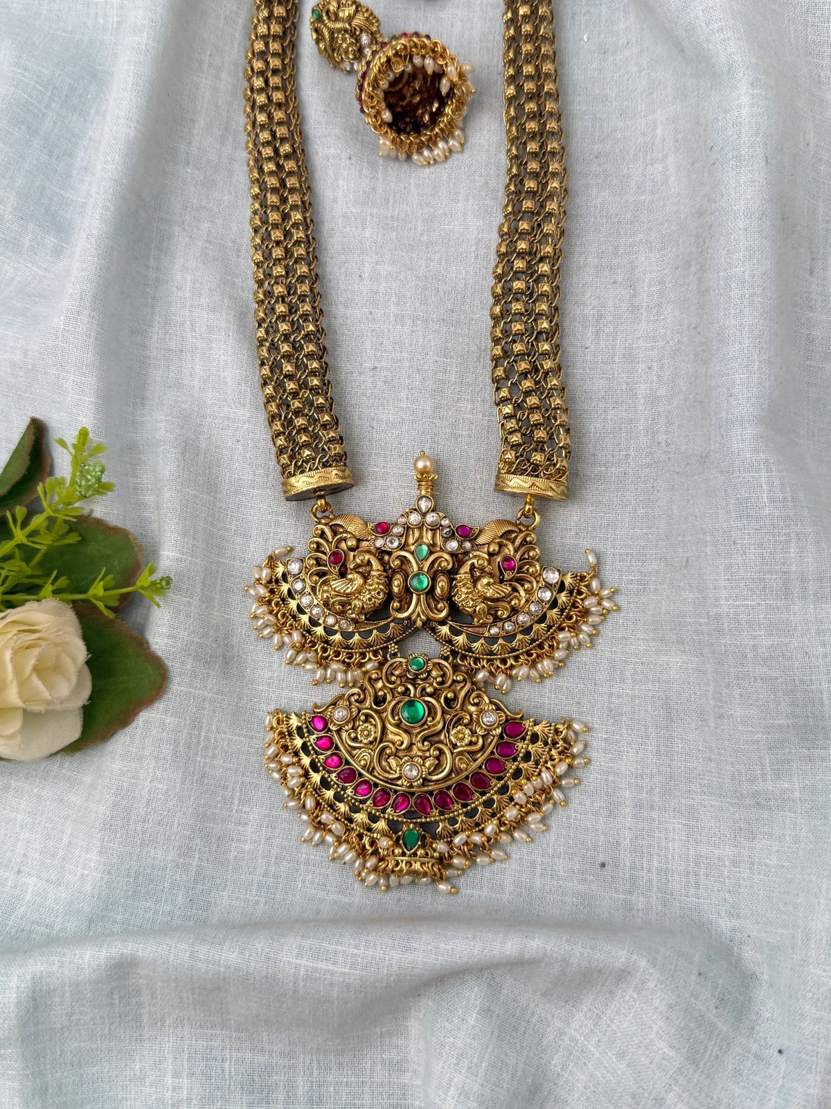 Antique Designer Necklace Premium Peacock Pendant Long Set | N1026 - Mahilas