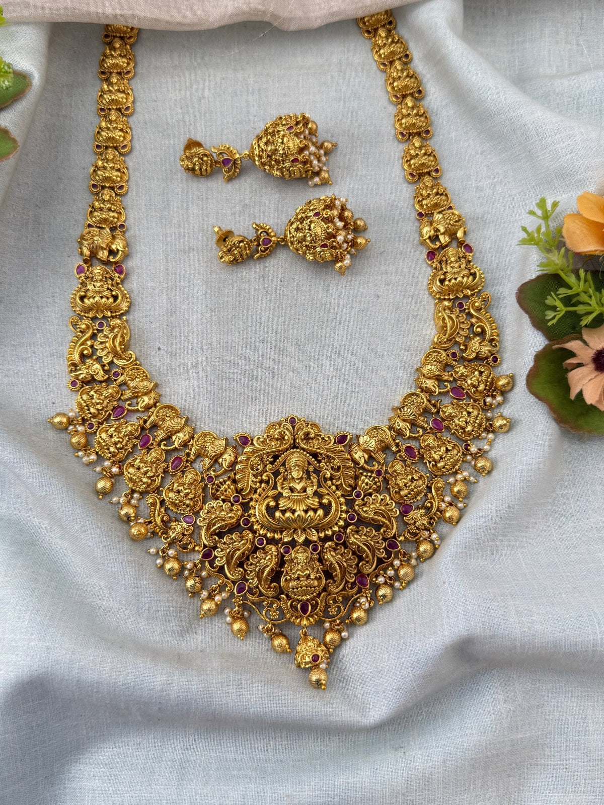 Antique Grand Gaja Lakshmi Long Necklace Set | N0271 - Mahilas