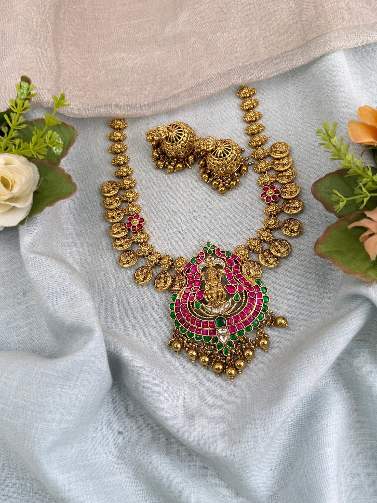 Antique Jadau Kundan Mango Long Pendant Necklace Set | 0130 - Mahilas