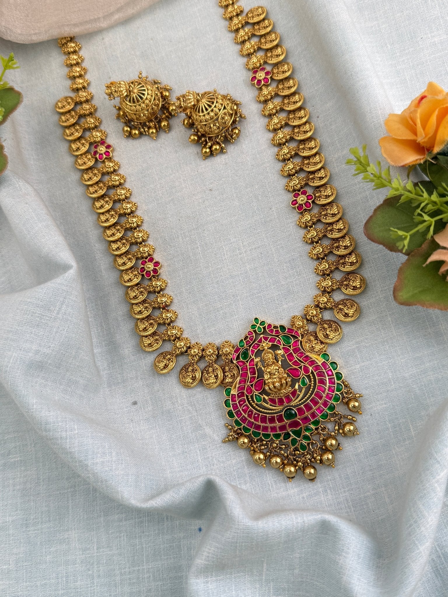 Antique Jadau Kundan Mango Long Pendant Necklace Set | 0131 - Mahilas