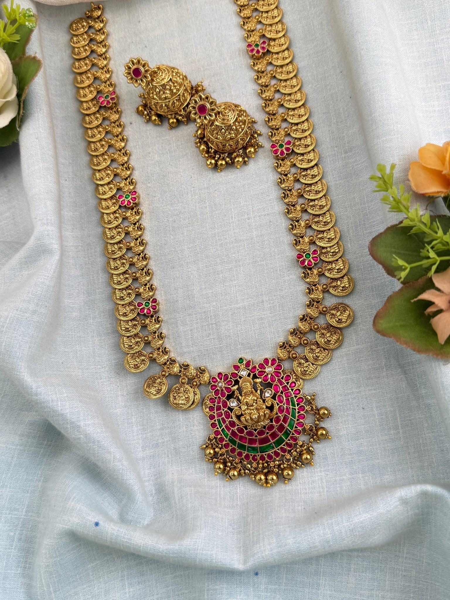 Antique Jadau Kundan Mango Long Pendant Necklace Set | 0135 - Mahilas