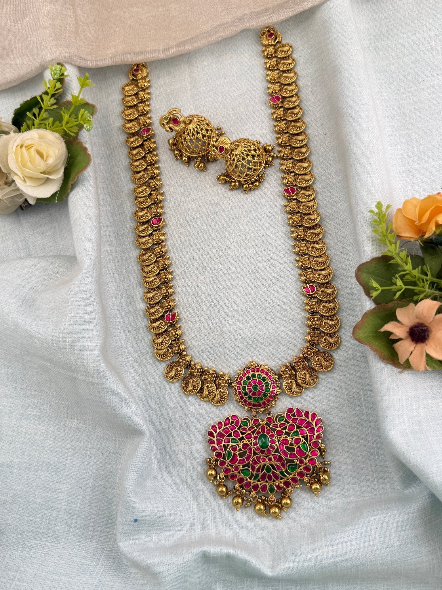 Antique Jadau Kundan Mango Long Pendant Necklace Set | 0139 - Mahilas
