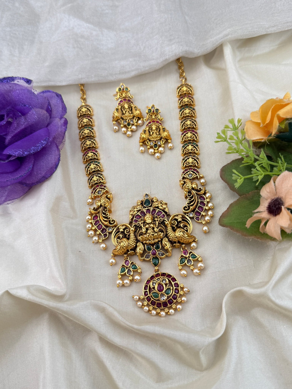 Antique Jadau Lakshmi Mid Long Necklace Pendant Set | 258 - Mahilas
