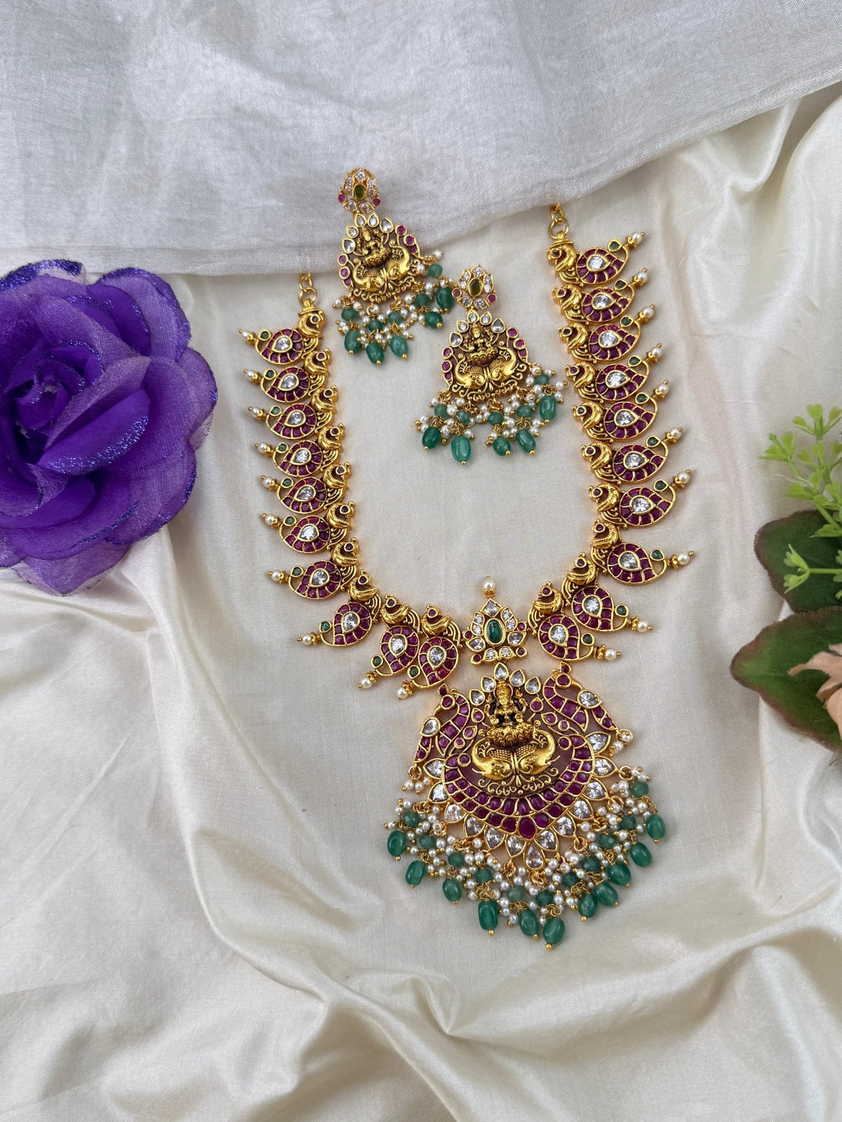 Antique Jadau Lakshmi Mid Long Necklace Pendant Set | 263 - Mahilas