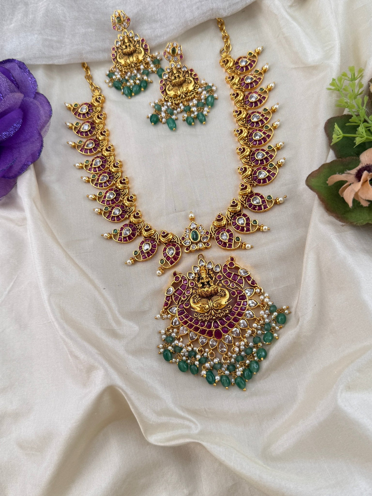 Antique Jadau Lakshmi Mid Long Necklace Pendant Set | 263 - Mahilas