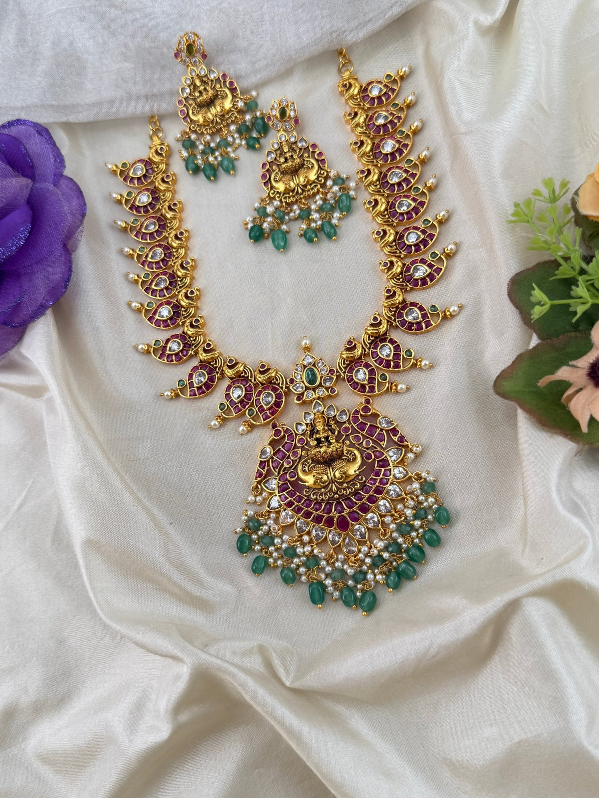 Antique Jadau Lakshmi Mid Long Necklace Pendant Set | 263 - Mahilas