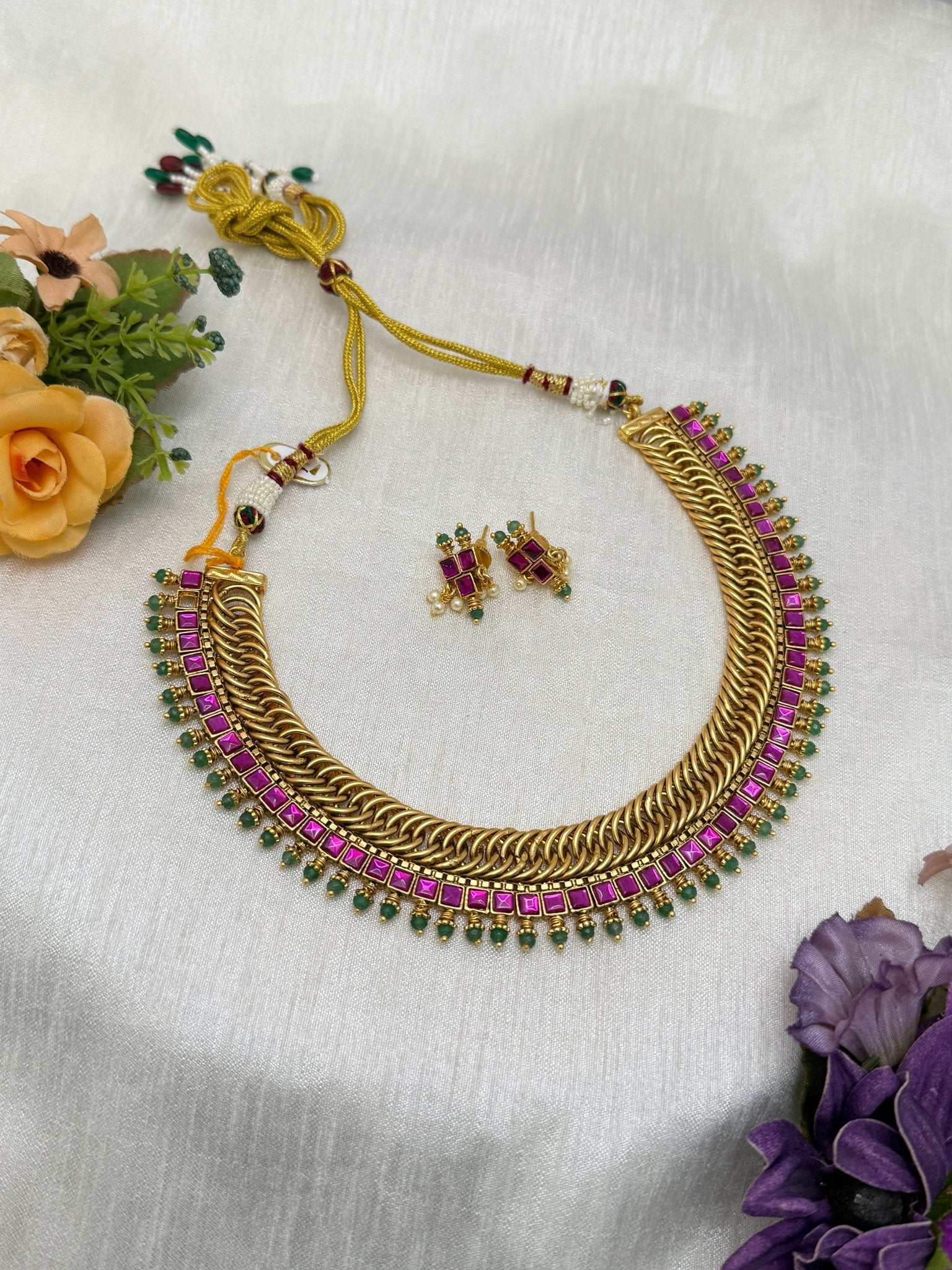 Antique Jadau Necklace 0725 ( 4 Colours ) - Mahilas