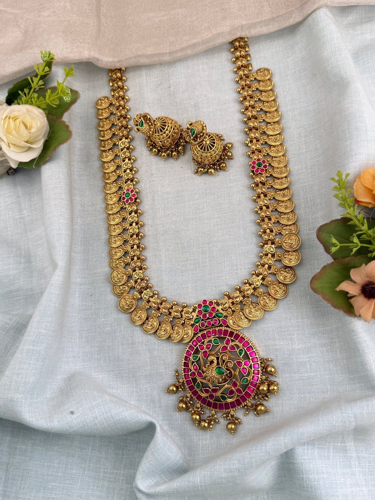 Antique Kasu Jadau Kundan Peacock Pendant Long Necklace Set | 0117 - Mahilas