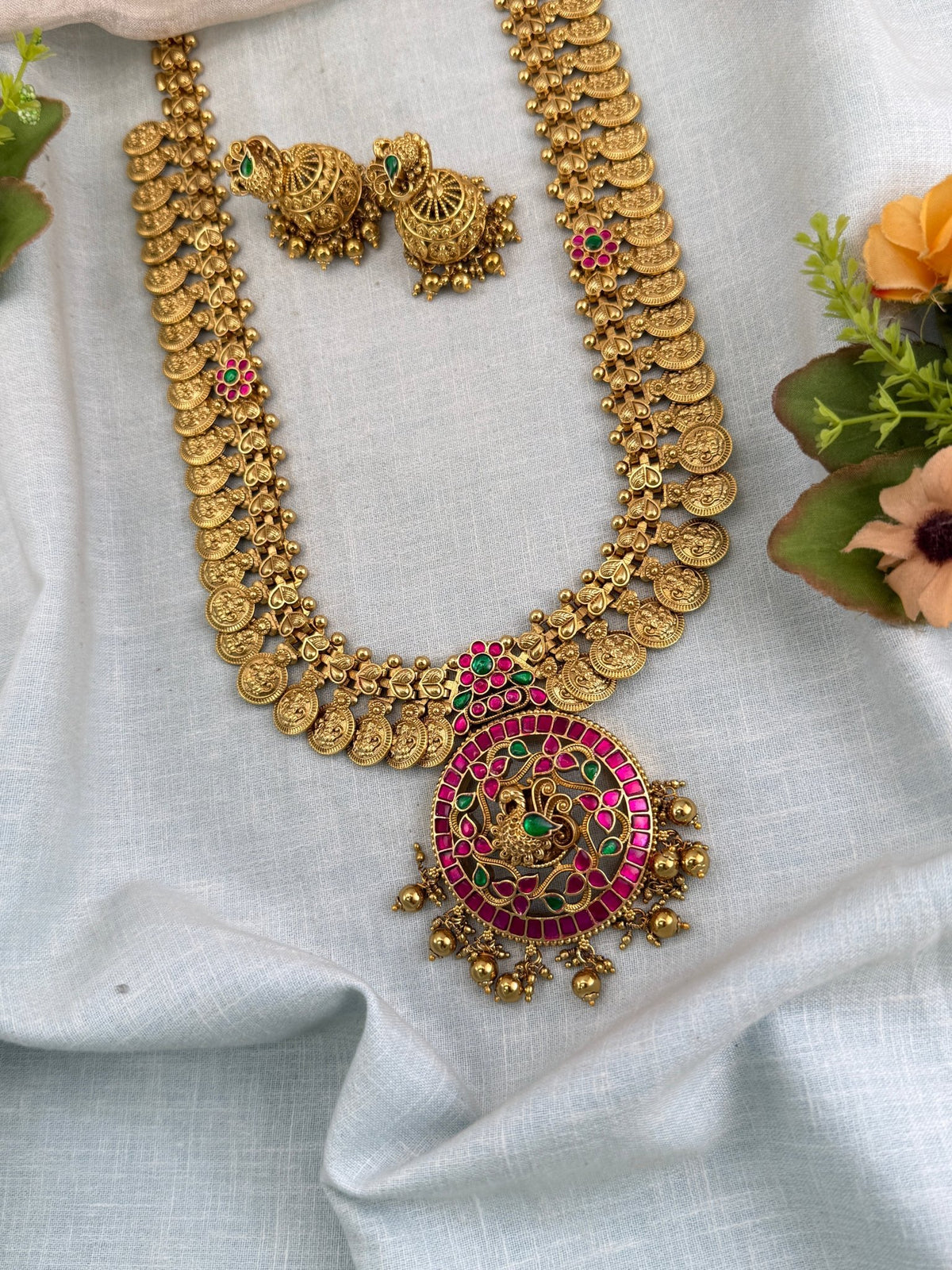 Antique Kasu Jadau Kundan Peacock Pendant Long Necklace Set | 0117 - Mahilas