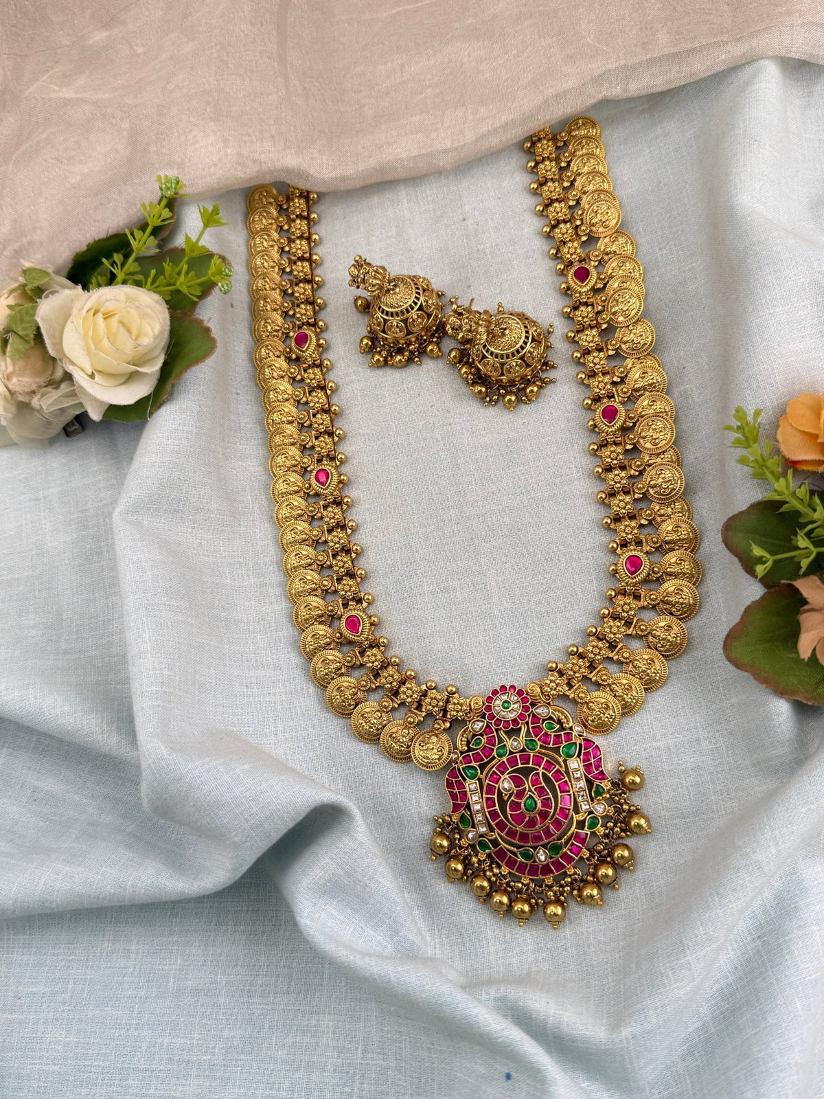 Antique Kasu Jadau Kundan Pendant Long Necklace Set | 0112 - Mahilas