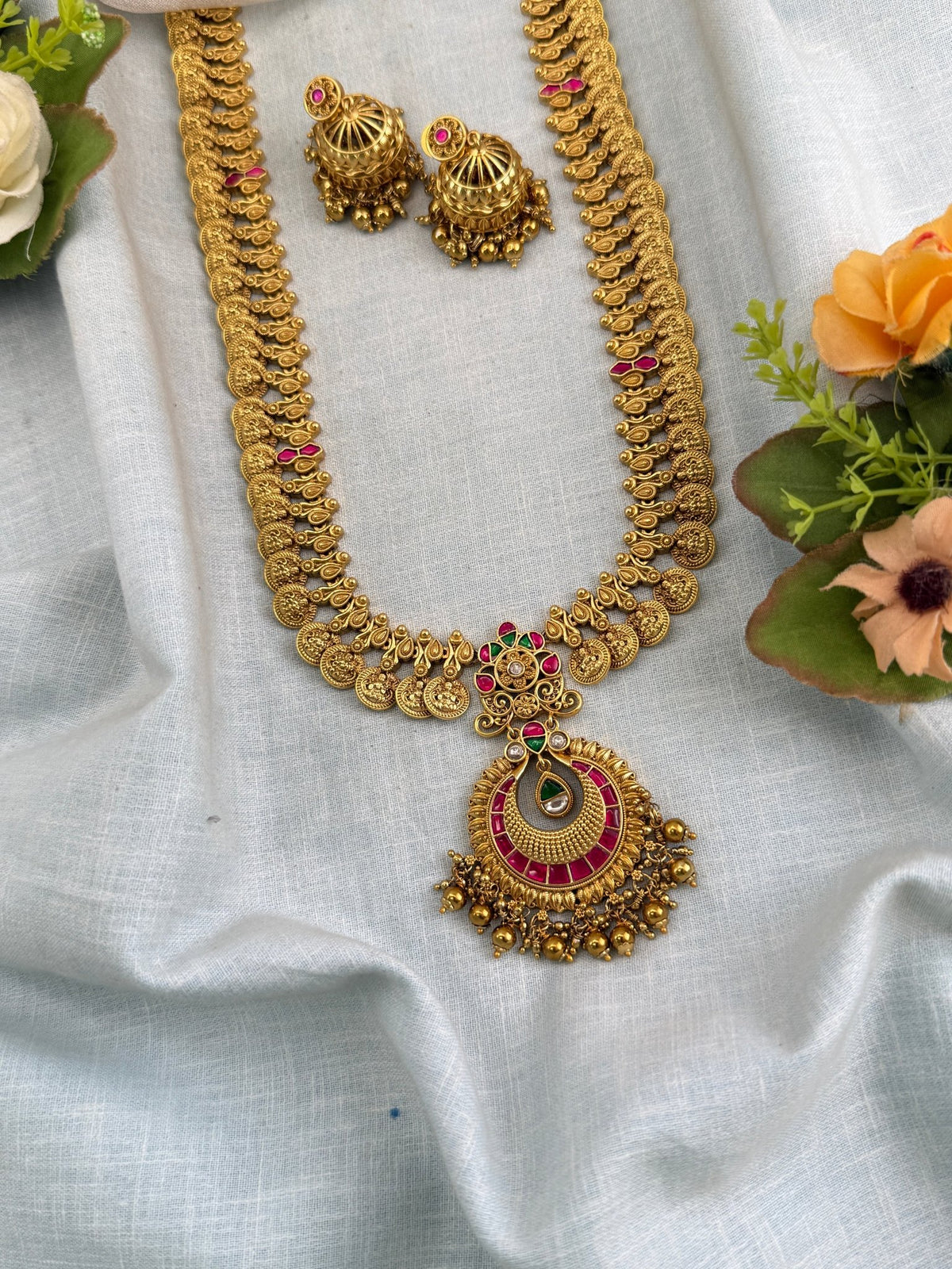 Antique Kasu Jadau Kundan Pendant Long Necklace Set | 0123 - Mahilas