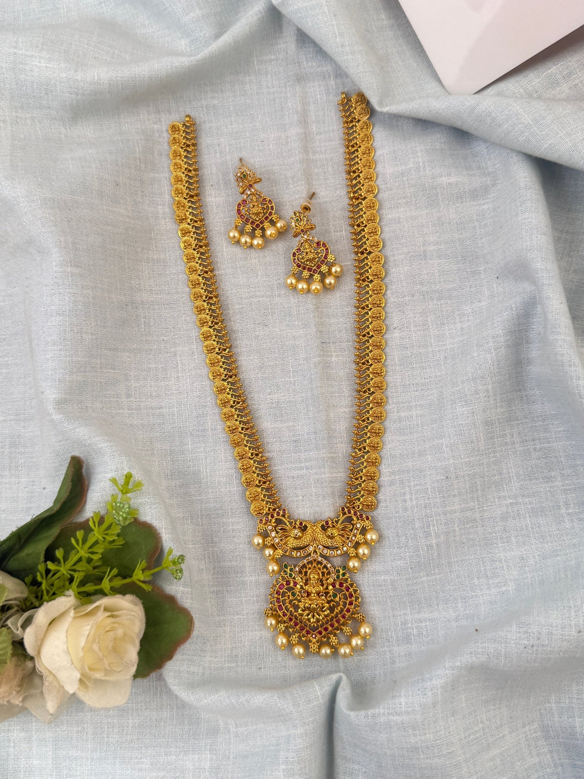 Antique Kasu Peacock Lakshmi Pendant Long Necklace Set| N0611 - Mahilas