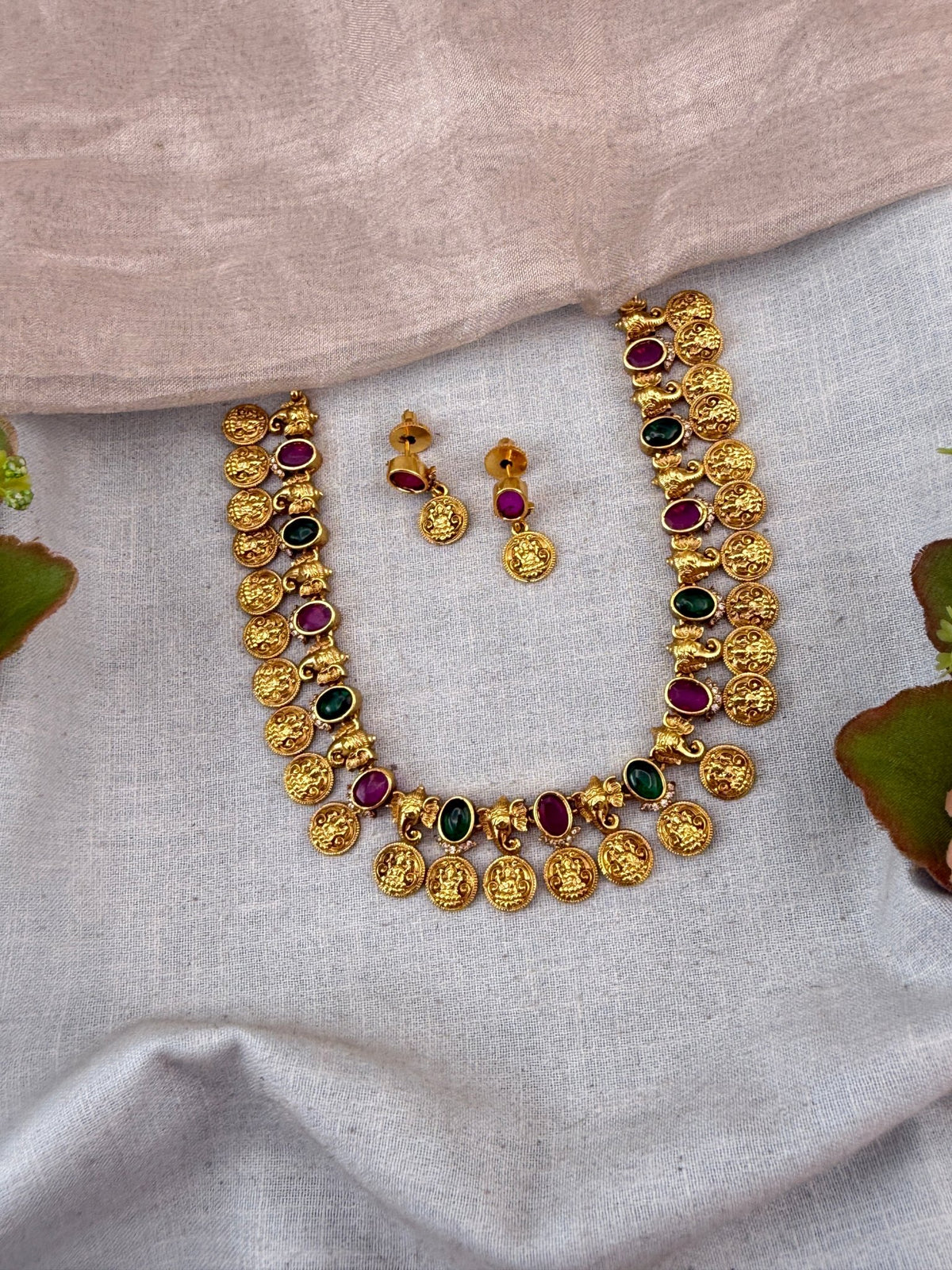Antique Lakshmi Necklace Mid Long Kaasu Set | N0070 - Mahilas