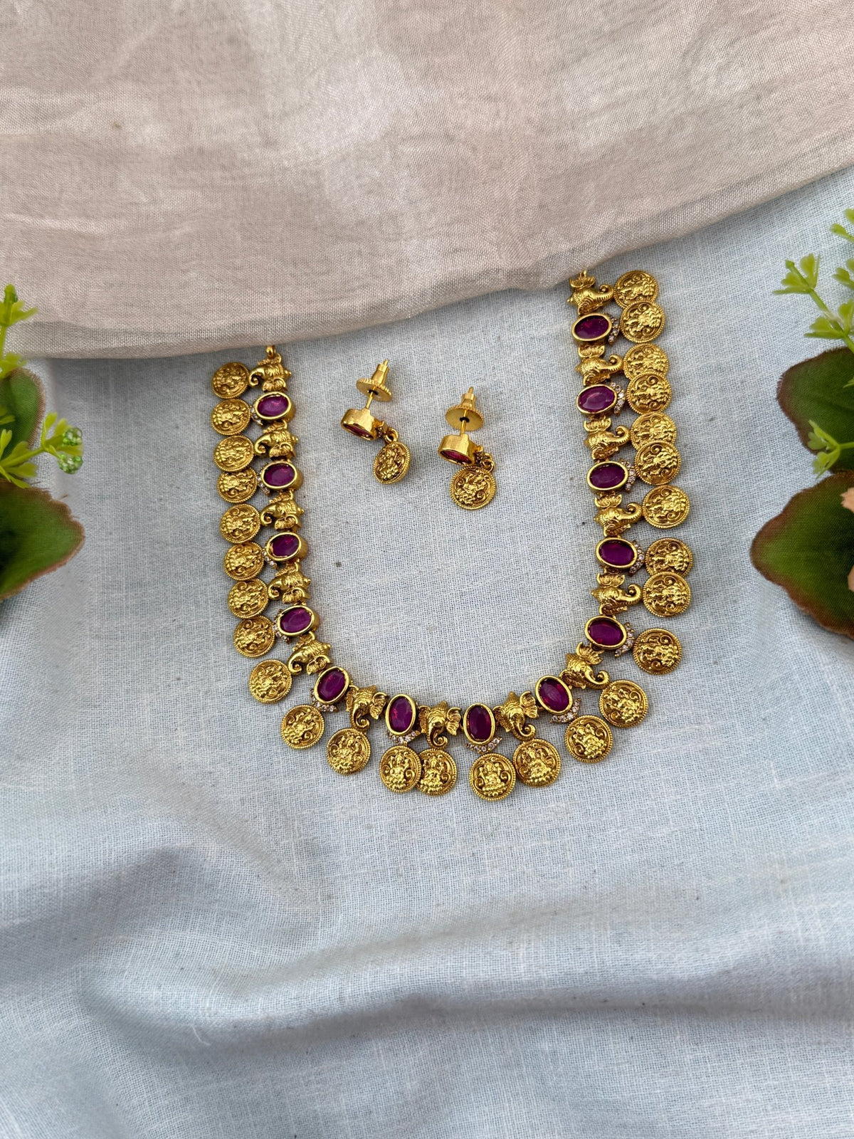 Antique Lakshmi Necklace Mid Long Kaasu Set | N081 - Mahilas